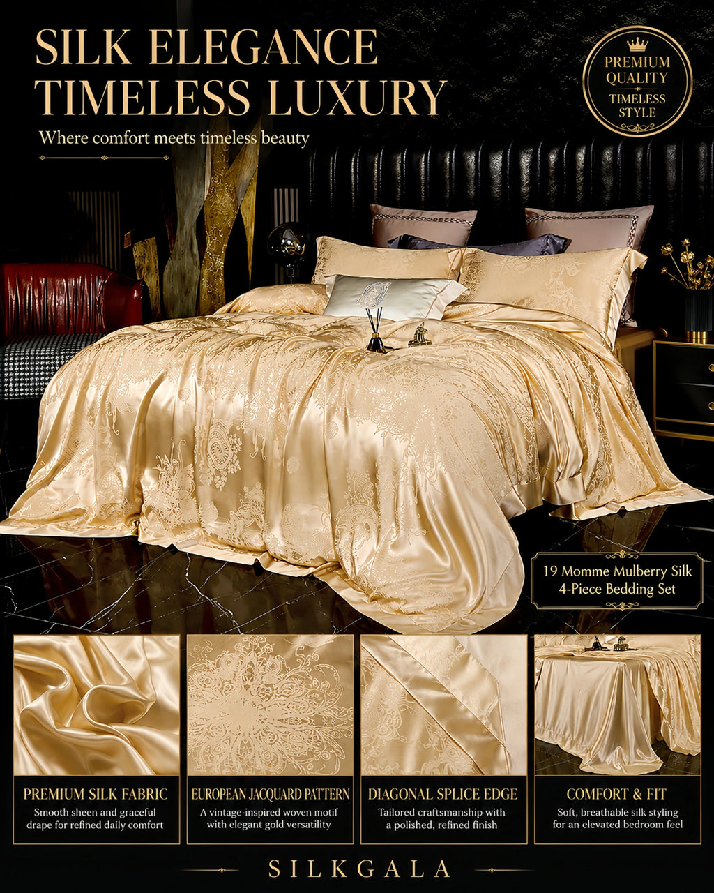 19 momme 100% mulberry silk 4-piece bedding set in Roman Holiday Gold with a vintage European jacquard pattern and smooth silk sheen.