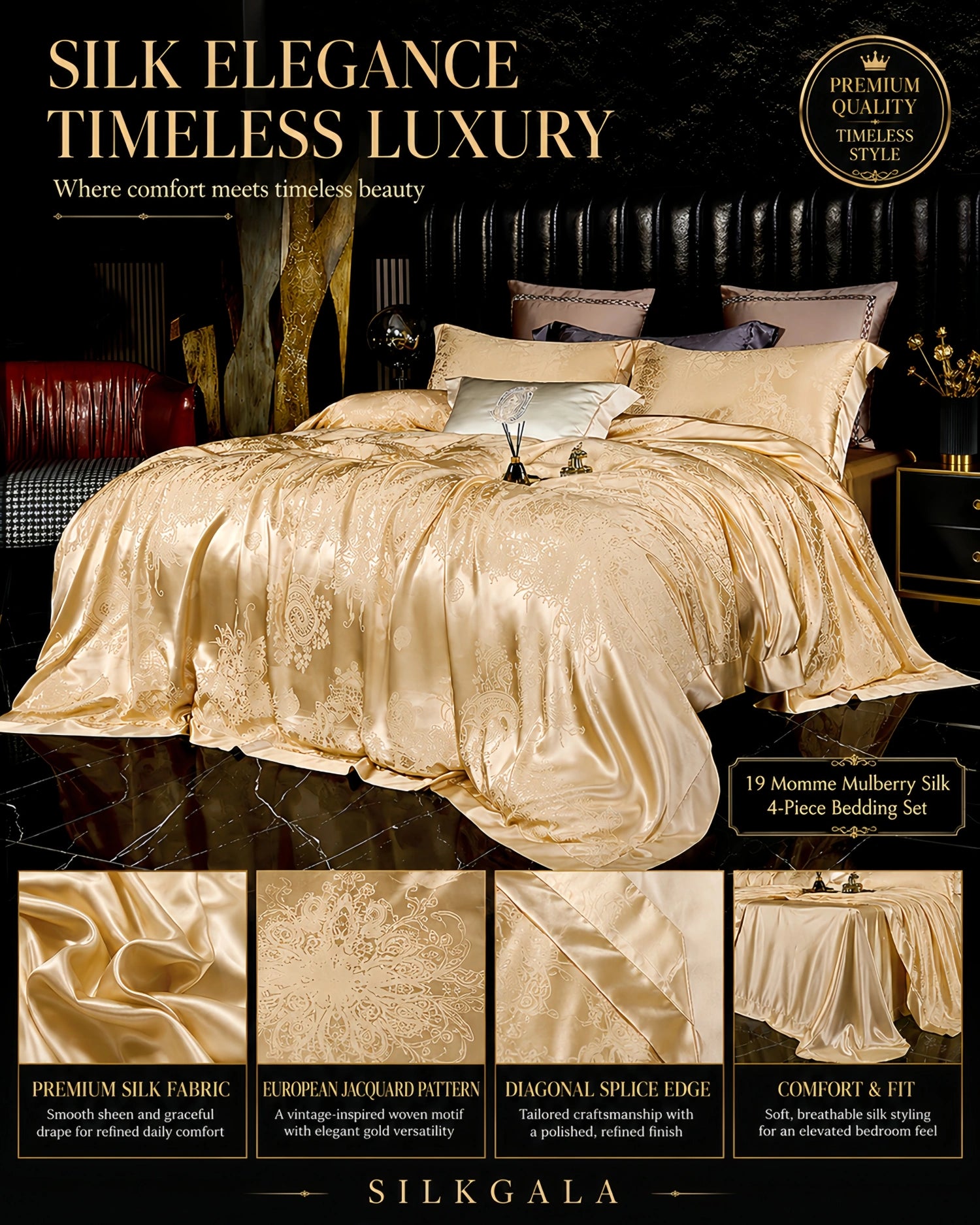 19 momme 100% mulberry silk 4-piece bedding set in Roman Holiday Gold with a vintage European jacquard pattern and smooth silk sheen.