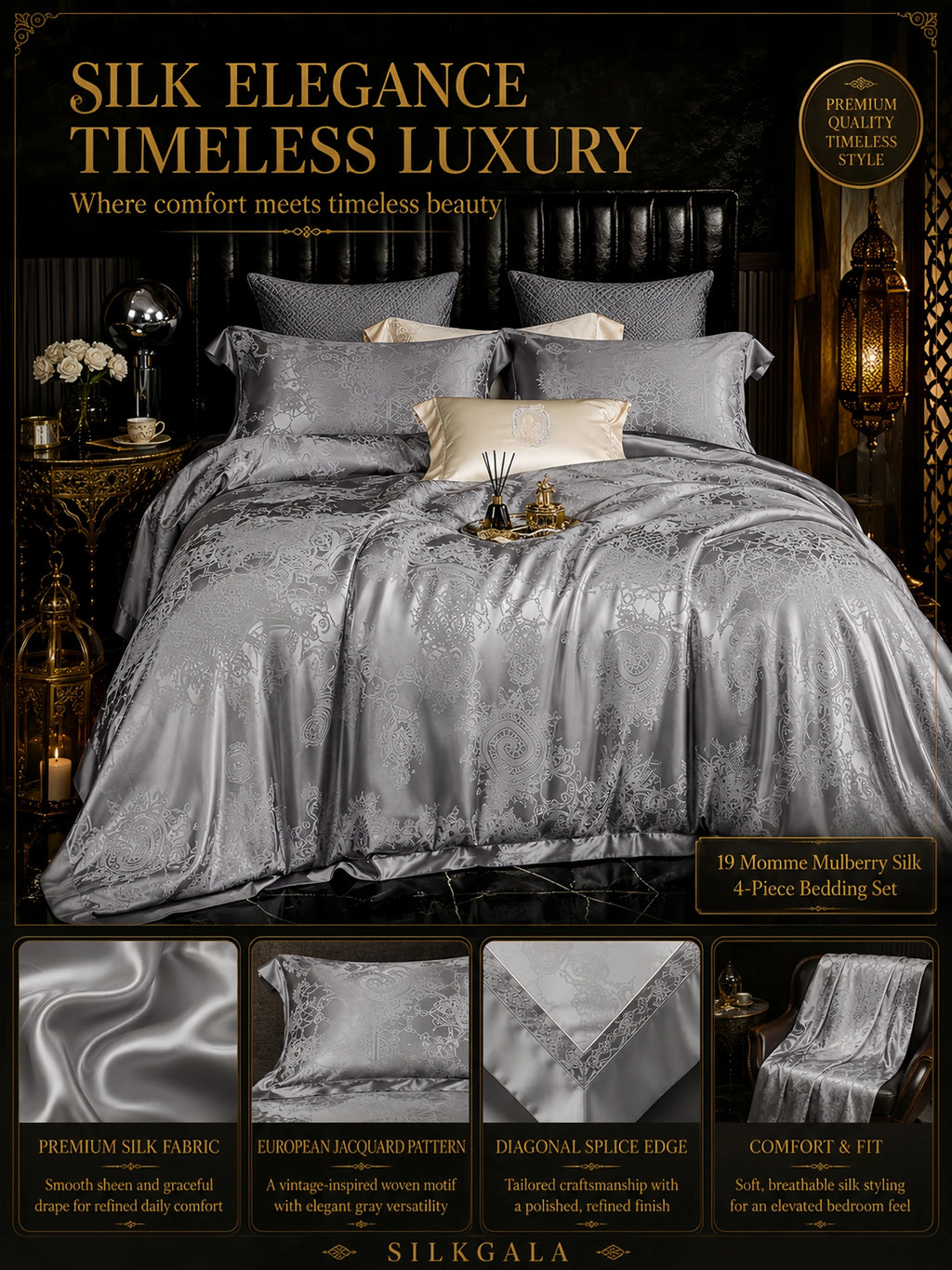 19 momme 100% mulberry silk 4-piece bedding set in Roman Holiday Gray with vintage European jacquard detail.