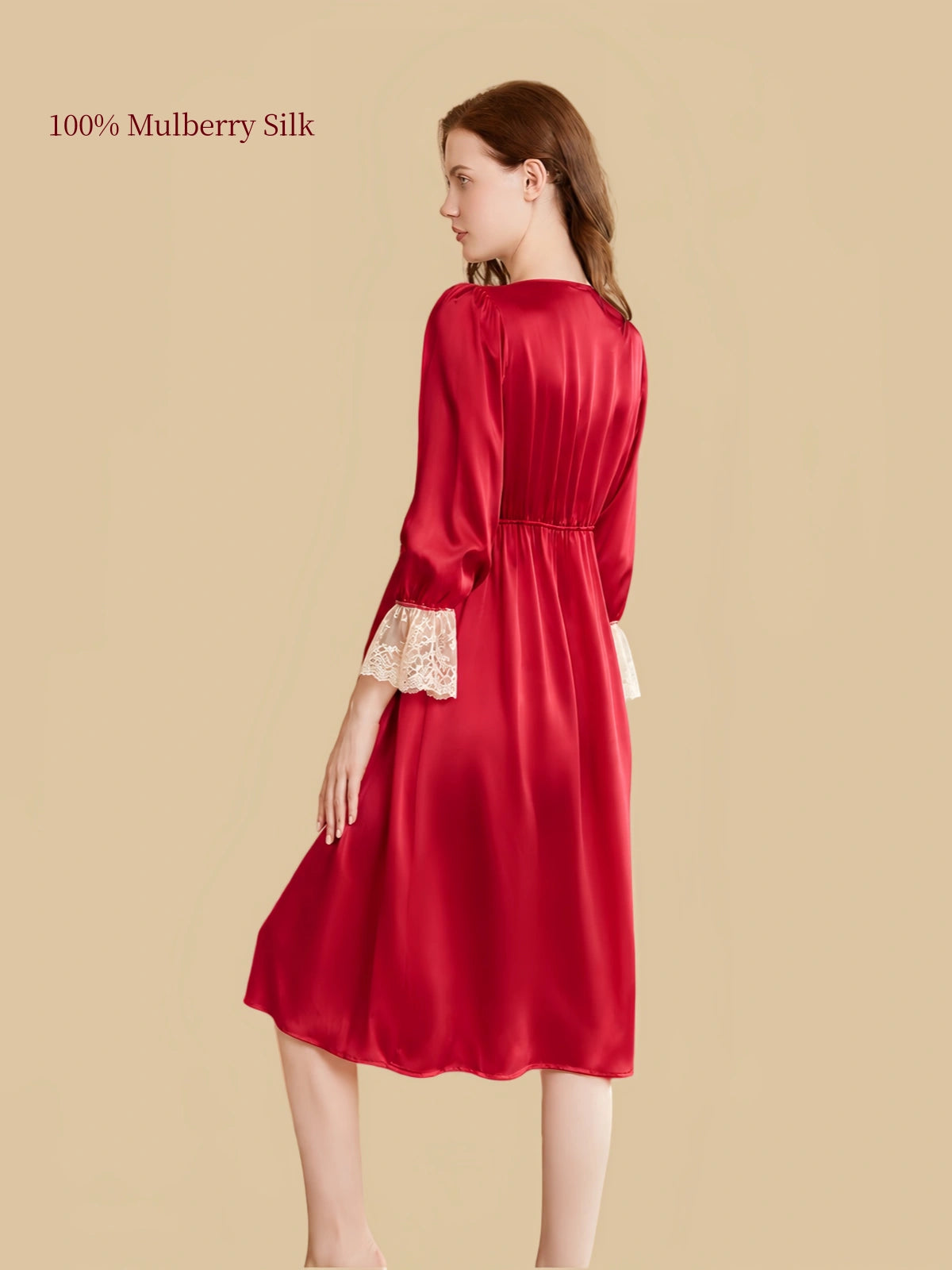 Carmine 19 momme mulberry silk nightgown with lace trim and 3/4 sleeves back view