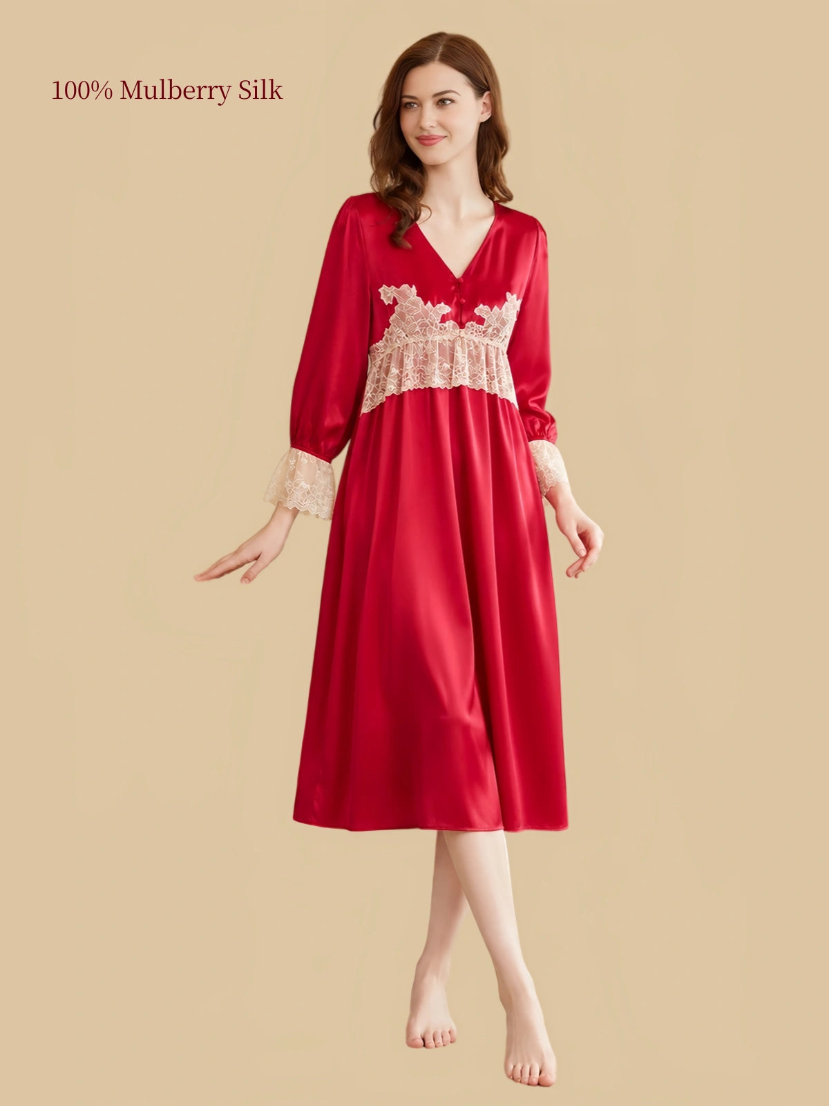 Carmine 19 momme mulberry silk nightgown with V-neck lace trim and 3/4 sleeves front view