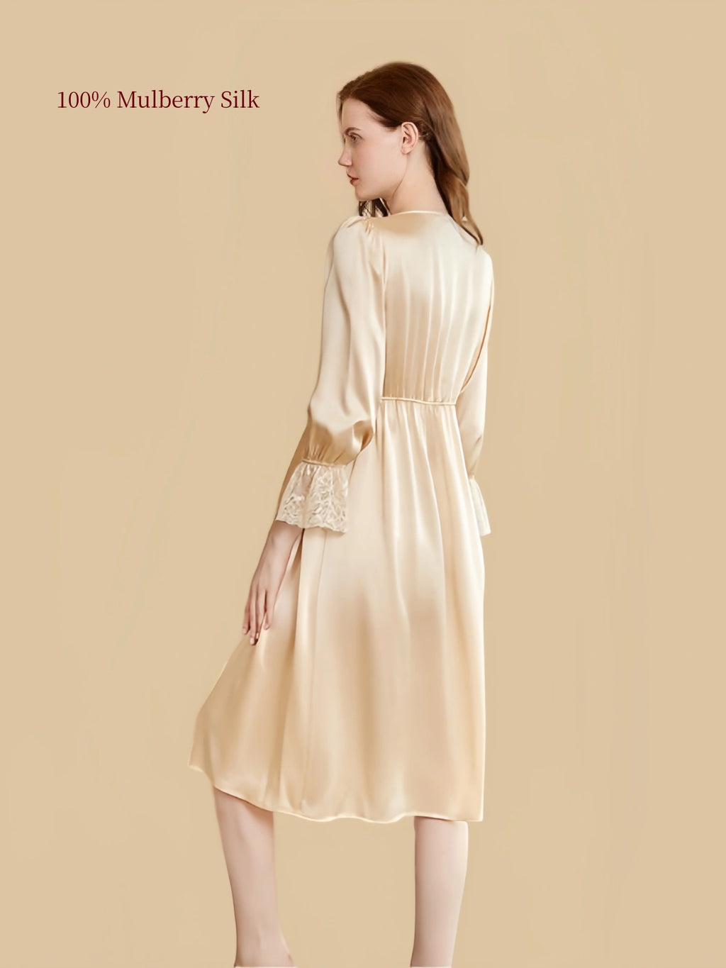Champagne Gold 19 momme mulberry silk nightgown with lace trim and 3/4 sleeves back view