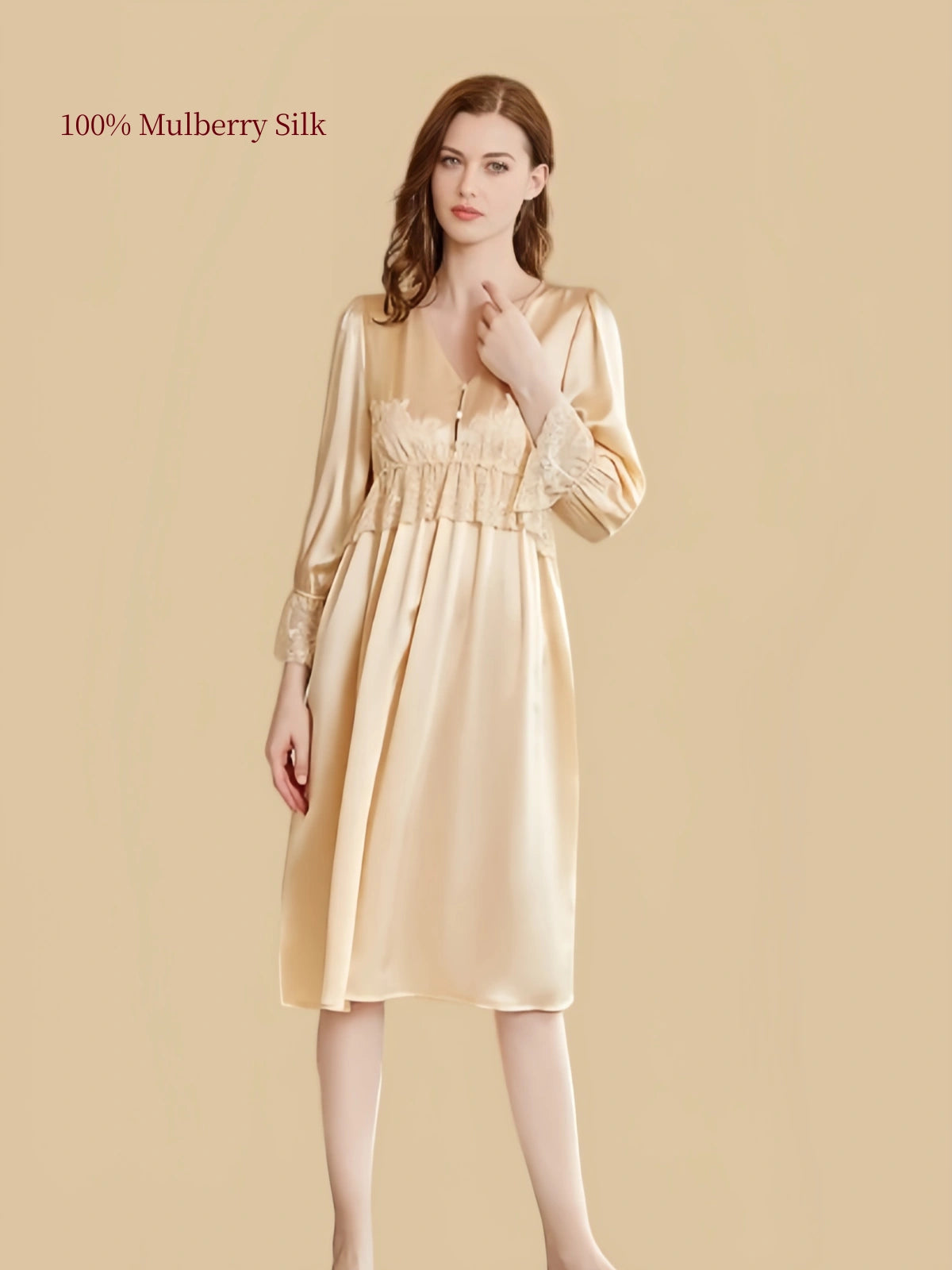 Champagne Gold 19 momme mulberry silk nightgown with V-neck lace trim and 3/4 sleeves front view
