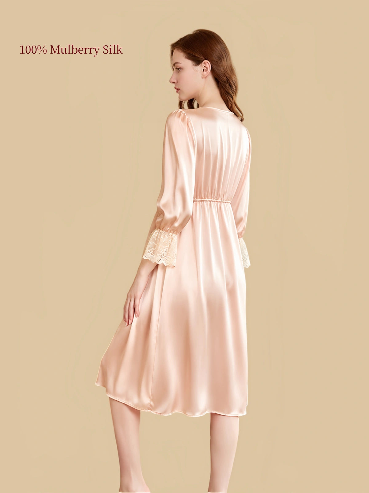 Champagne Pink 19 momme mulberry silk nightgown with lace trim and 3/4 sleeves back view