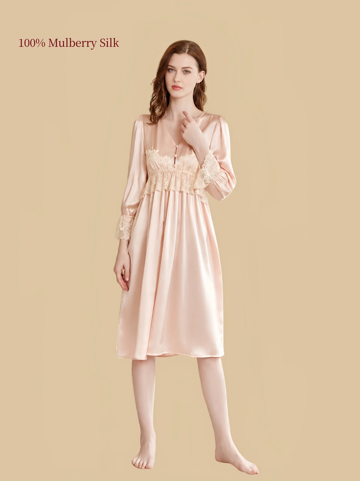 Champagne Pink 19 momme mulberry silk nightgown with V-neck lace trim and 3/4 sleeves front view