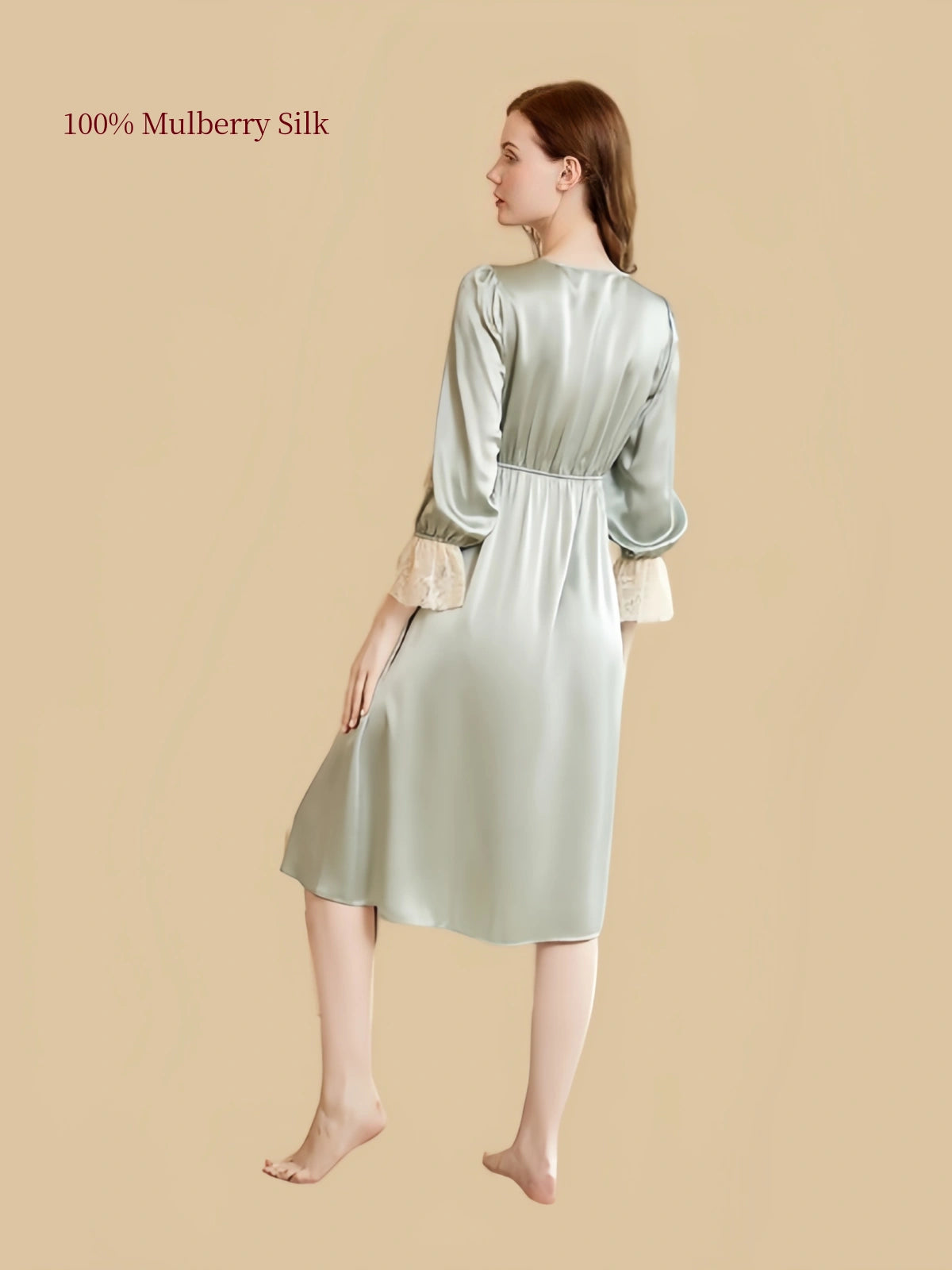 Sage Green 19 momme mulberry silk nightgown with lace trim and 3/4 sleeves back view