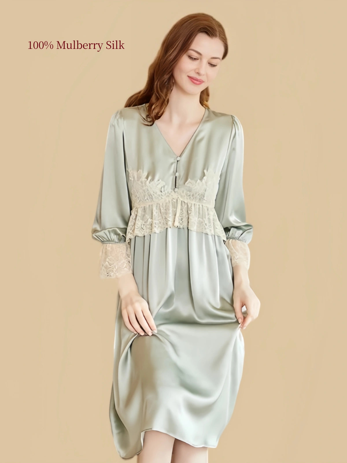 Close-up view of the Sage Green 19 momme mulberry silk nightgown with V-neck lace bodice and 3/4 sleeves