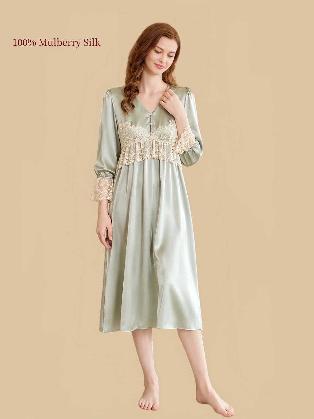 Sage Green 19 momme mulberry silk nightgown with V-neck lace trim and 3/4 sleeves front view