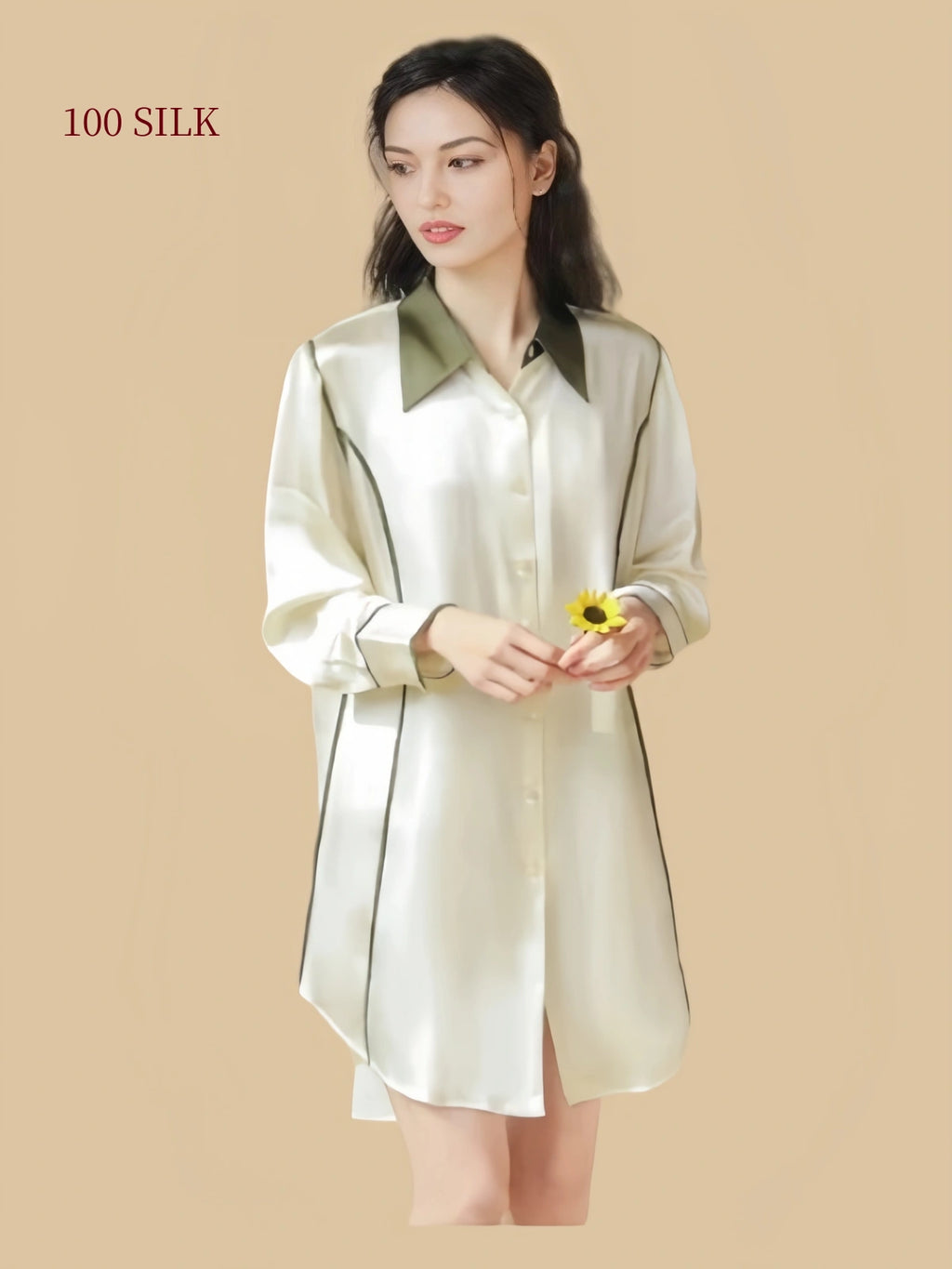 Woman wearing a pear blossom white 19 Momme mulberry silk shirt dress with contrast collar