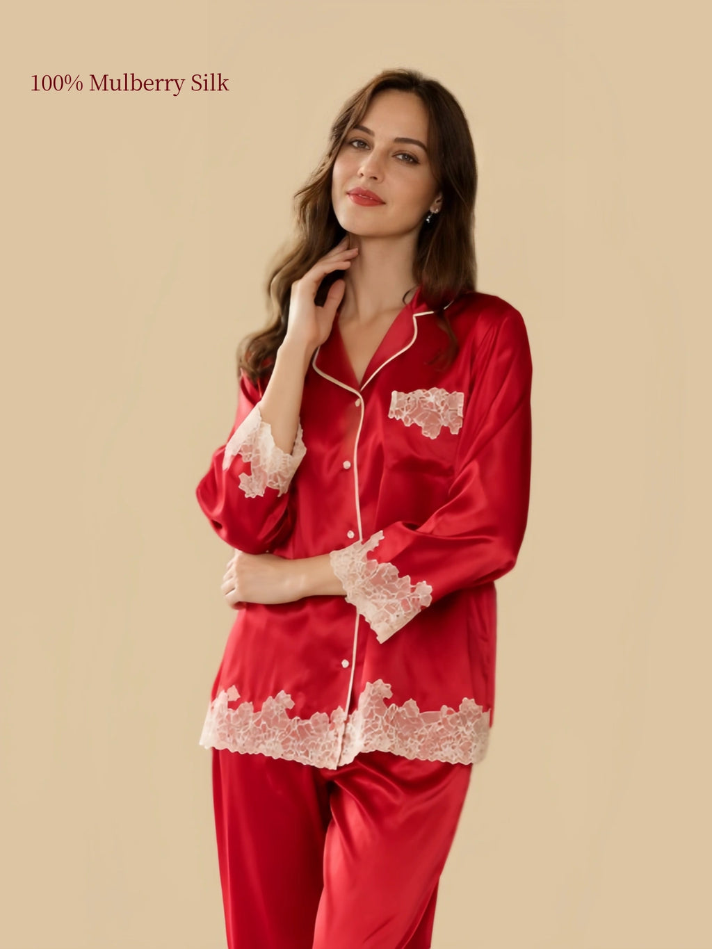 Rouge Red mulberry silk pajama shirt featuring decorative ivory lace cuffs, lace-trimmed chest pocket and contrast-piped notched collar.