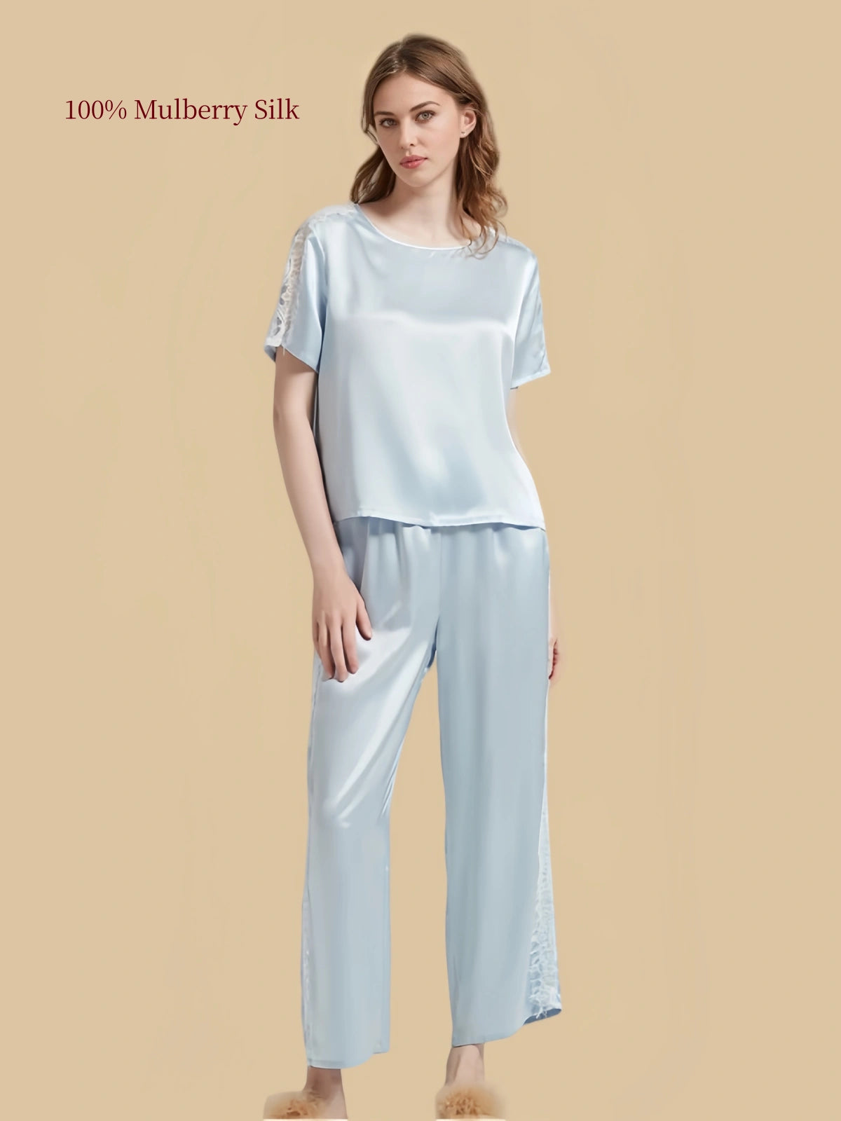Front view of Aqua Blue mulberry silk pajama set with round-neck short-sleeve top and wide-leg pants with side lace panels