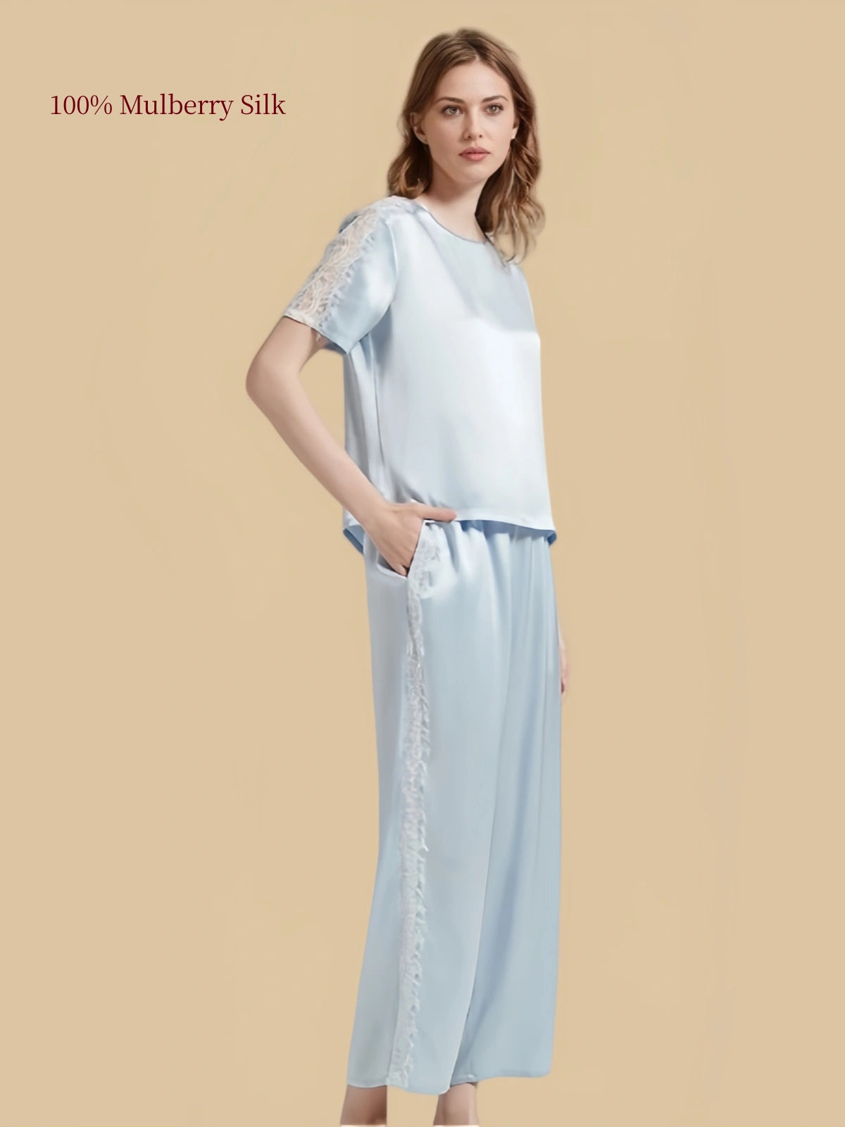 Silkgala Aqua Blue 19 momme mulberry silk pajama set with lace-panel short sleeves, side pockets and relaxed wide-leg pants
