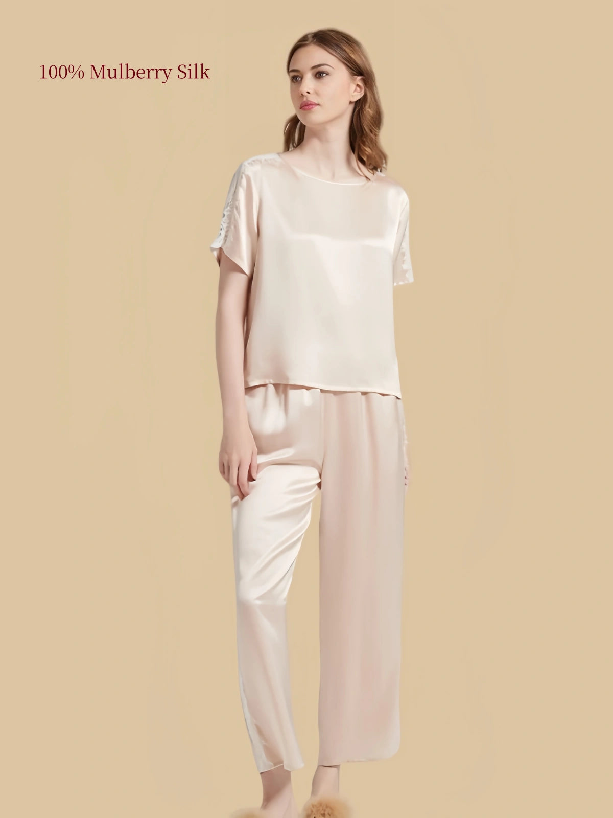 Front view of Light Apricot round-neck mulberry silk sleepwear with lace sleeve panels and coordinating wide-leg pants