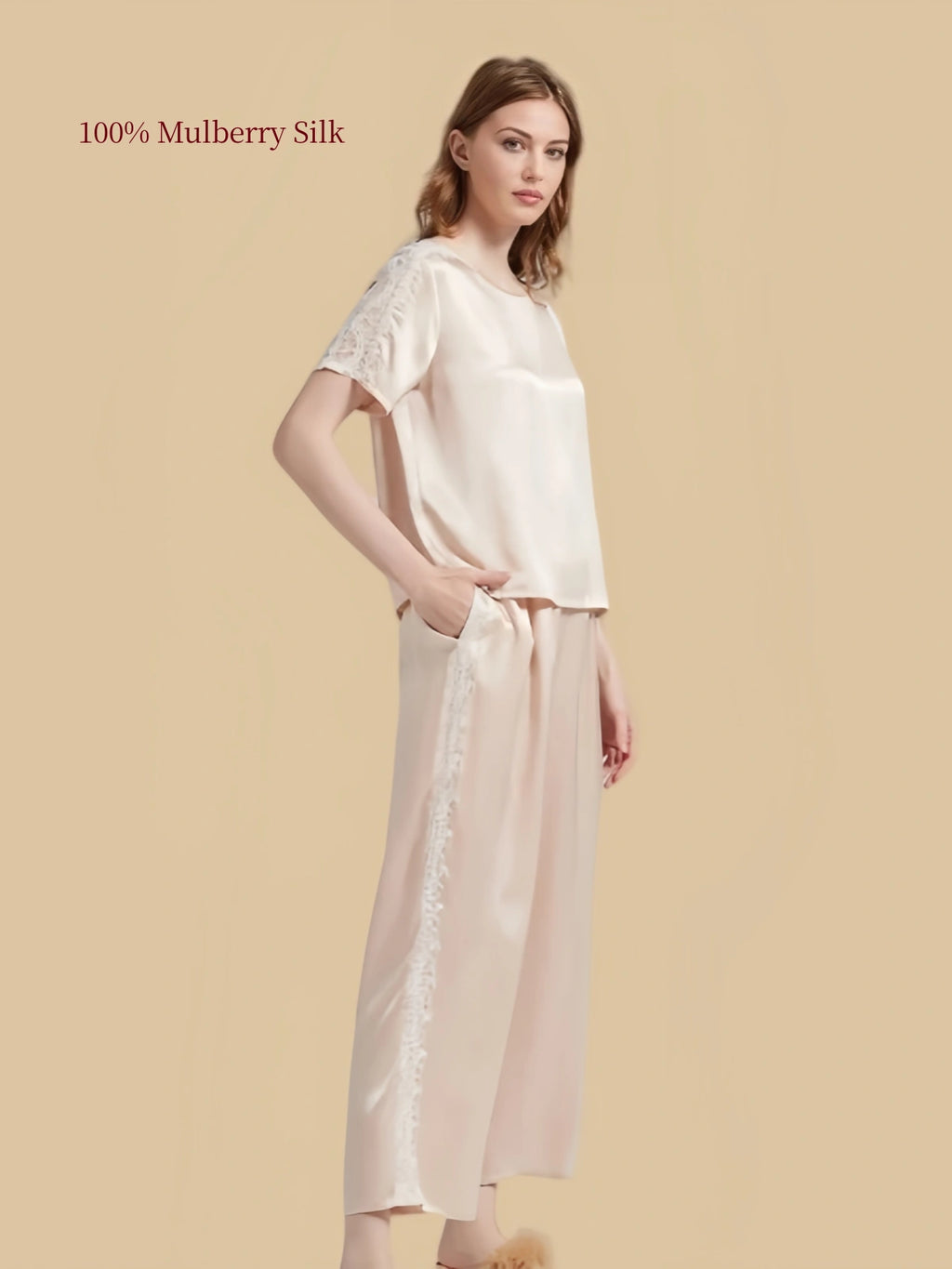 Light Apricot 19 momme silk pajama set with lace-panel short sleeves, side pocket and long relaxed wide-leg pants