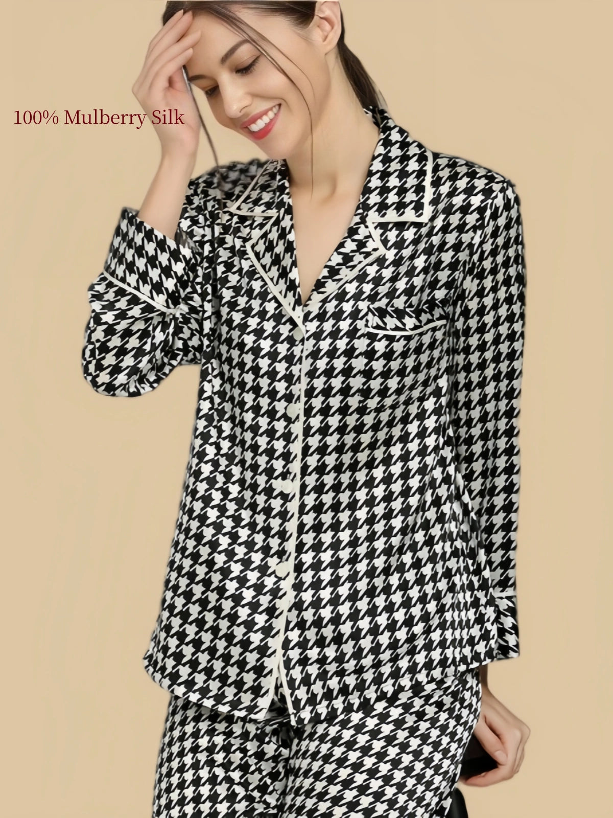 Close-up of Silkgala Black and White Houndstooth silk pajama set showing the notched collar, contrast piping and chest pocket.
