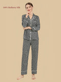 Silkgala 19 Momme mulberry silk pajama set in Black and White Houndstooth with long sleeves, notched collar, chest pocket and straight-leg pants.