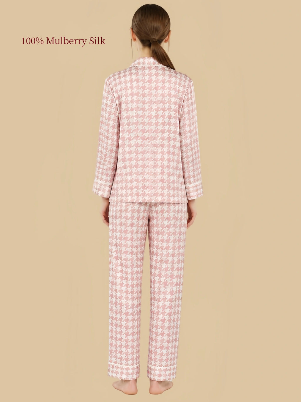 Back view of Silkgala 19 Momme mulberry silk pajama set in Pink Houndstooth with long sleeves and straight-leg pants.