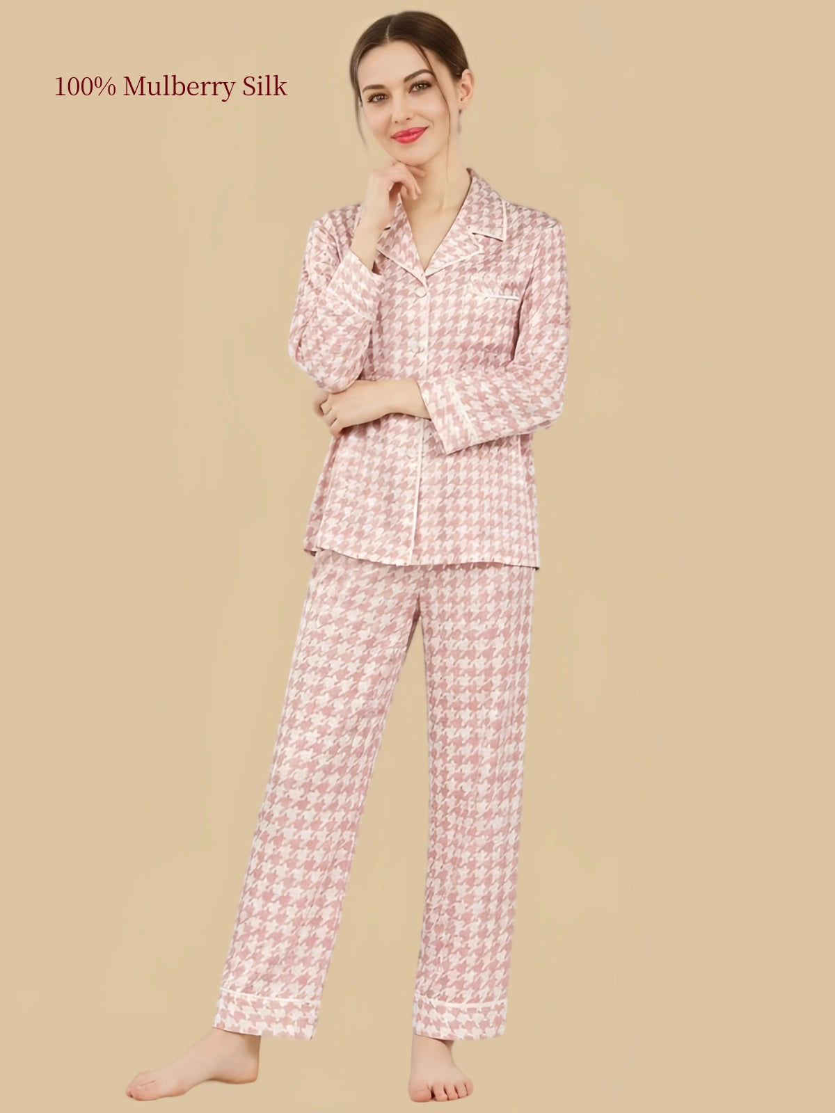 Silkgala 19 Momme mulberry silk pajama set in Pink Houndstooth with long sleeves, notched collar, chest pocket and straight-leg pants.