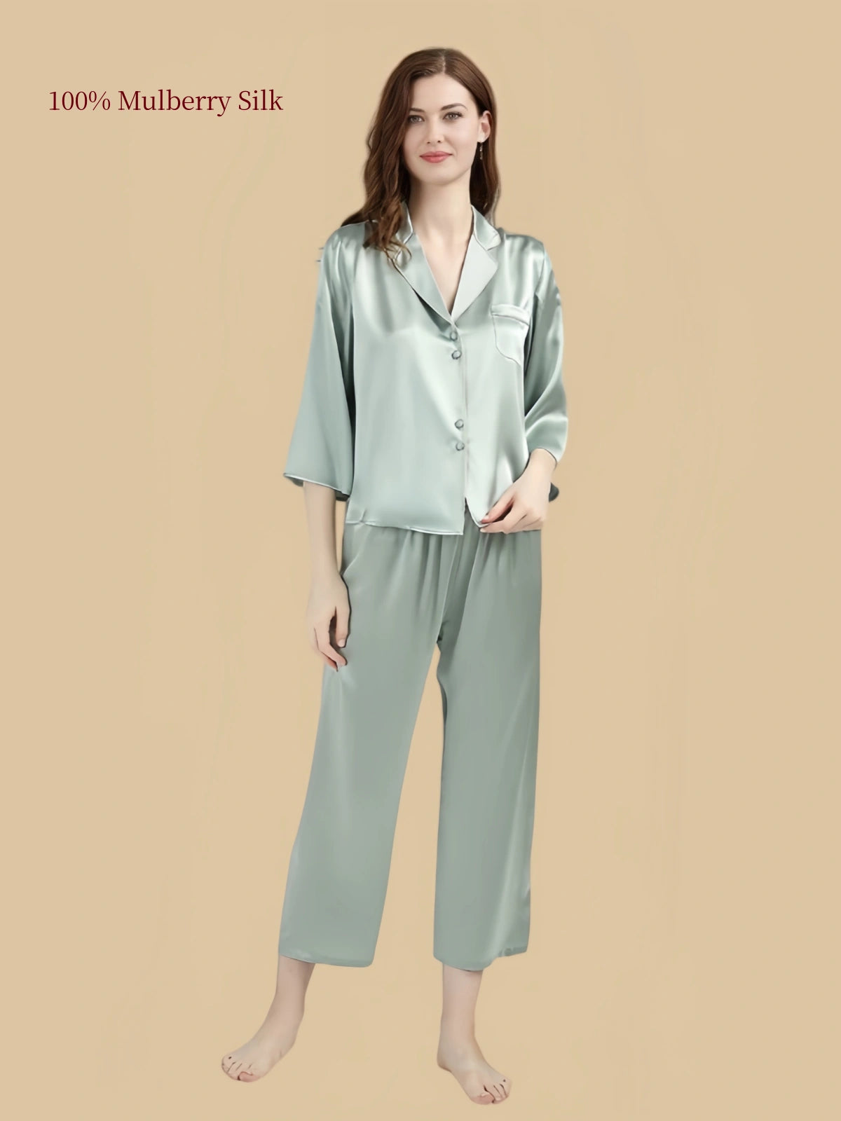 Pea Green 19 momme mulberry silk pajamas with three-quarter sleeves, notched lapel collar, chest pocket and cropped pants.