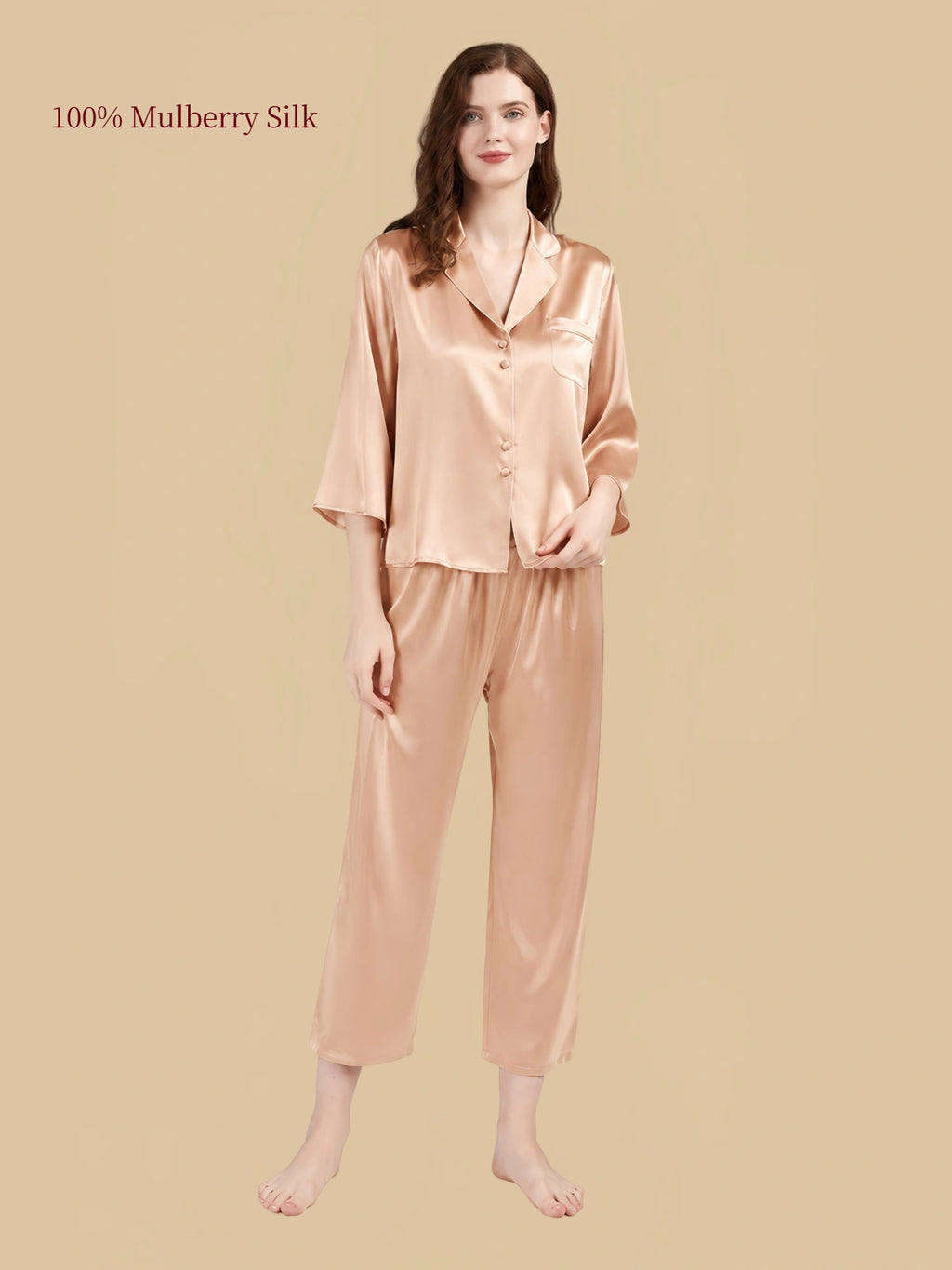 Wheat Gold 19 momme silk pajama set with a button-front top, three-quarter sleeves and matching cropped trousers.