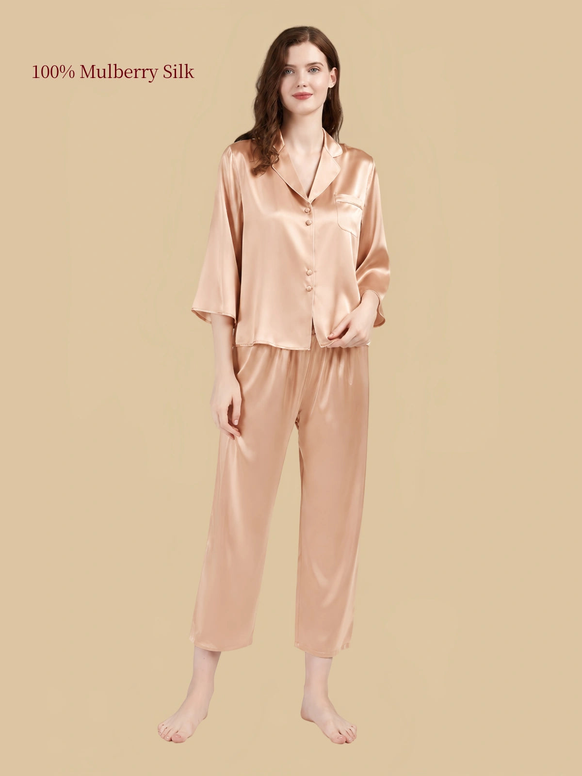 Wheat Gold 19 momme silk pajama set with a button-front top, three-quarter sleeves and matching cropped trousers.