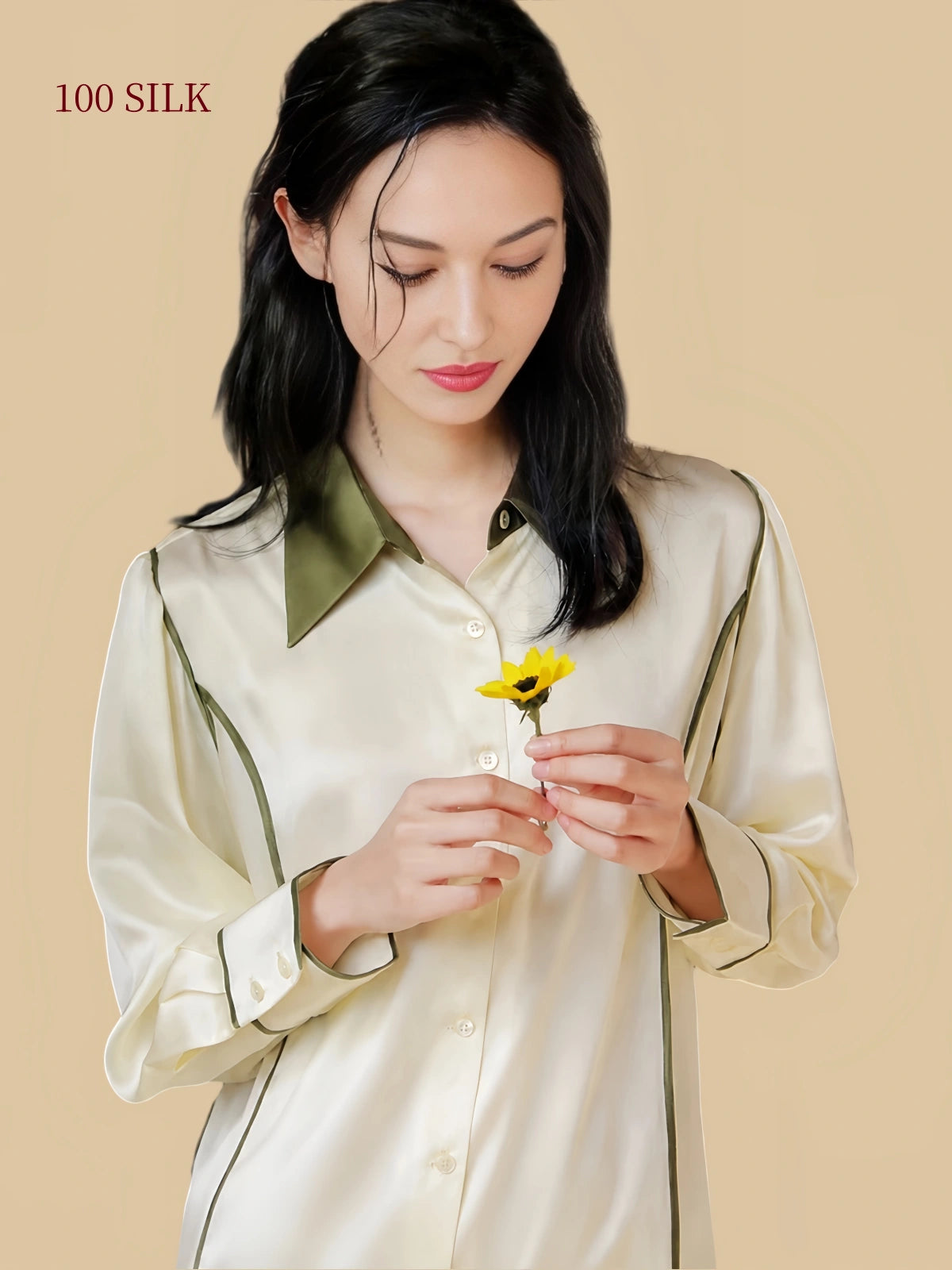 Close-up of contrast point collar and piping on a pear blossom white silk shirt dress