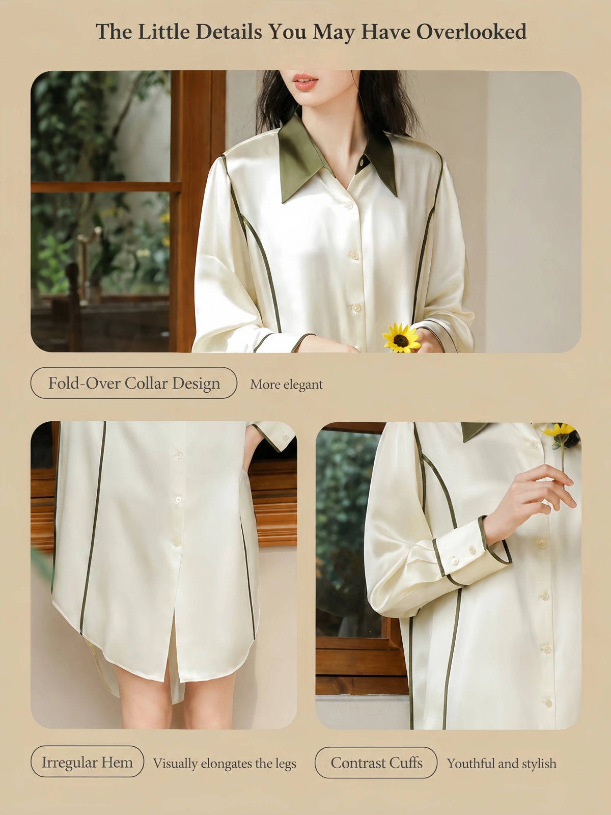 Design details of silk shirt dress showing contrast collar, button cuffs and curved high-low hem