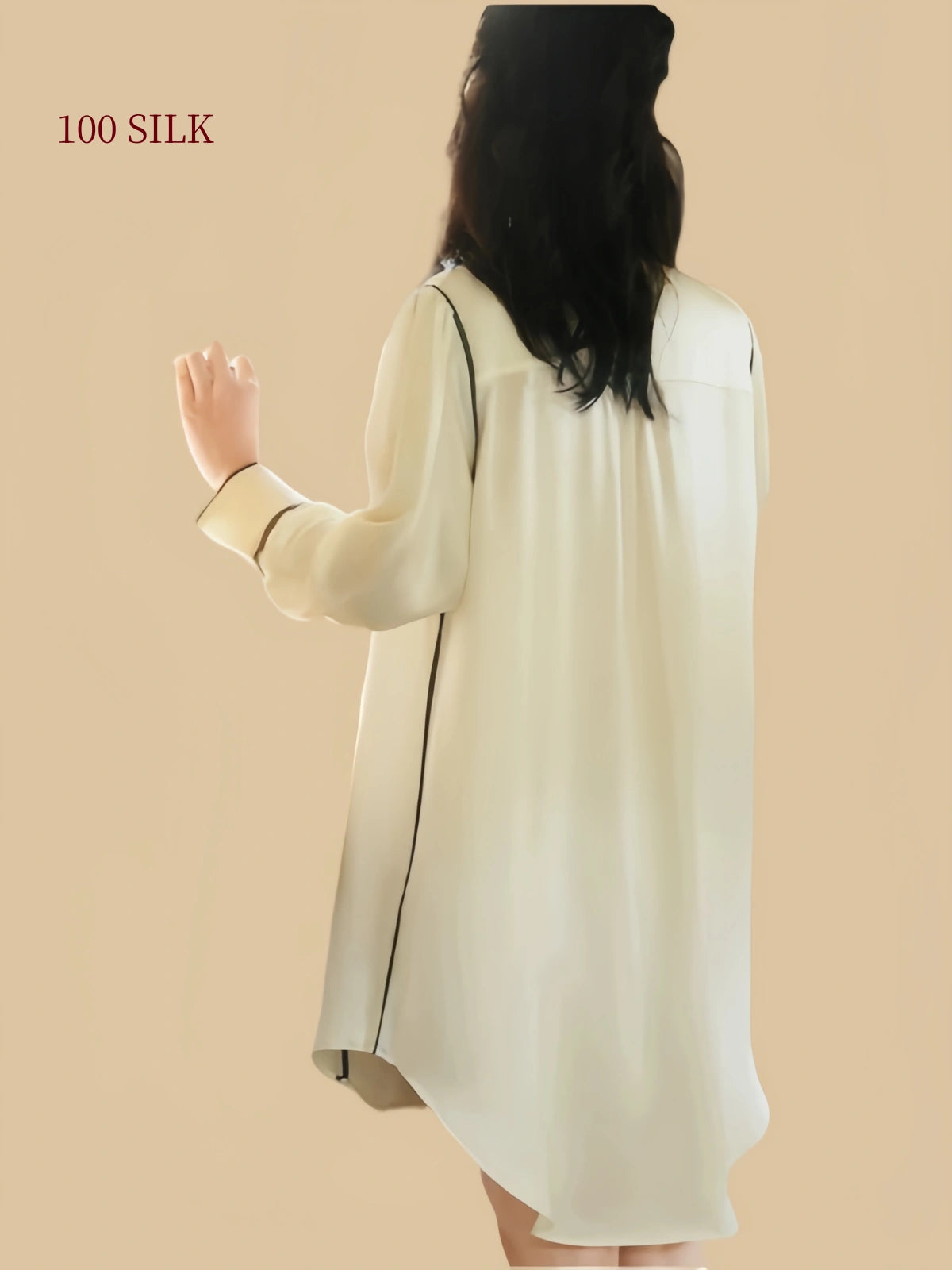 Model measurements and fit reference for the 19 Momme mulberry silk shirt dress