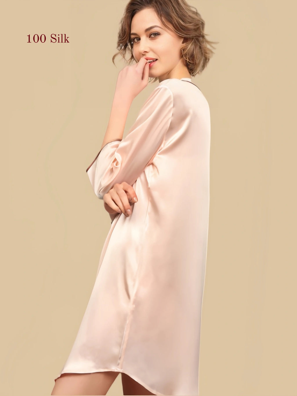 Back and side view of a blush pink silk shirt nightgown with curved hem