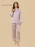 Cherry Blossom Pink 19 momme mulberry silk pajama set with notched lapel collar, light floral lace on the chest pocket, sleeve cuffs and pant hems.