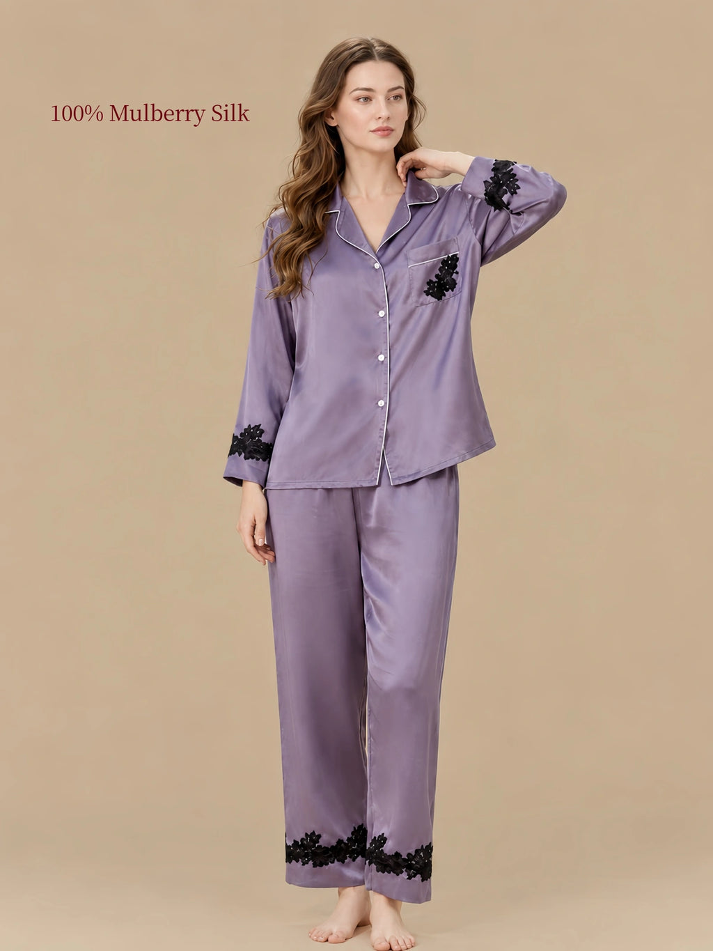 Twilight Purple mulberry silk pajama set featuring black floral lace accents on the chest pocket, sleeve cuffs and matching long pants.