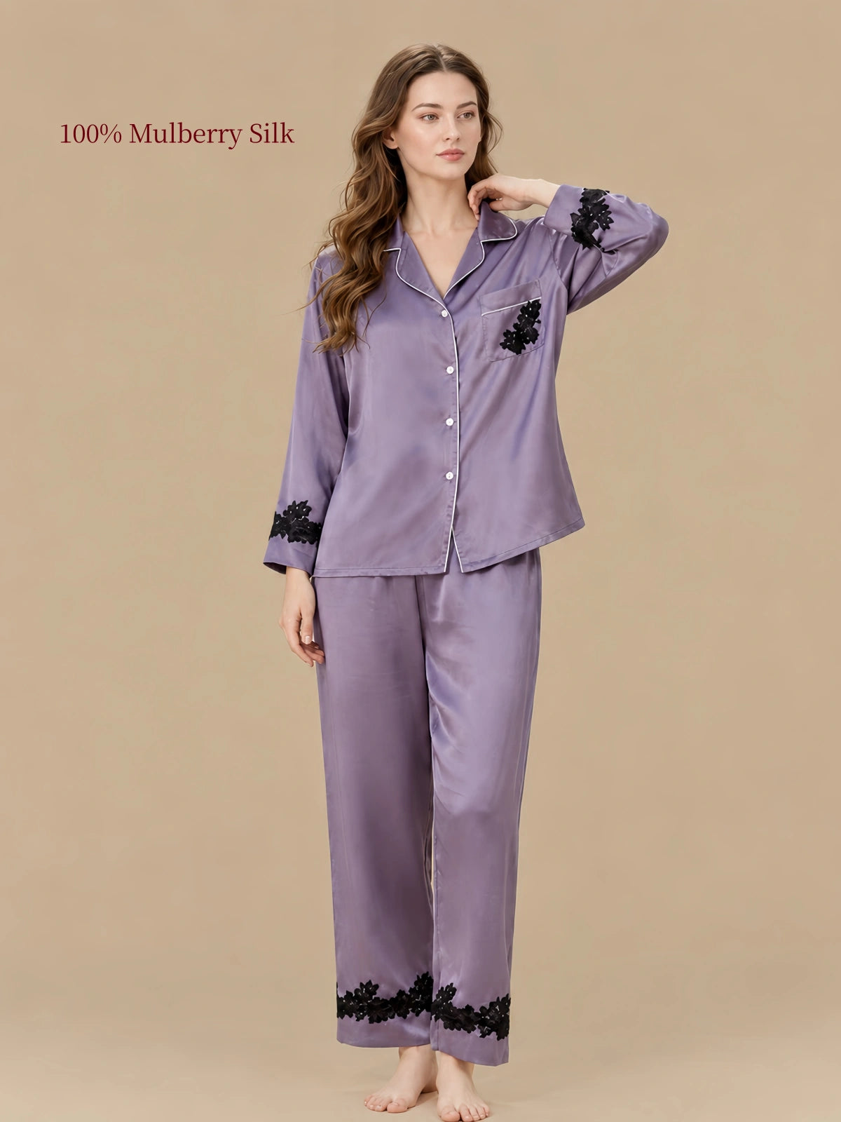 Twilight Purple mulberry silk pajama set featuring black floral lace accents on the chest pocket, sleeve cuffs and matching long pants.