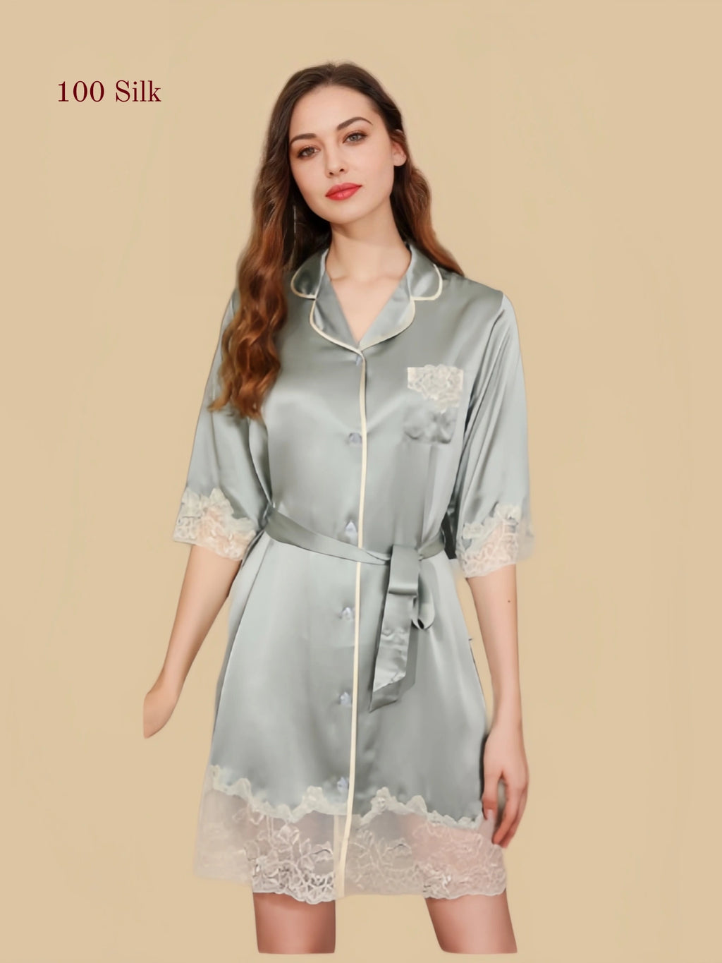 Front view of silver sage mulberry silk nightgown with notched collar and wide lace hem