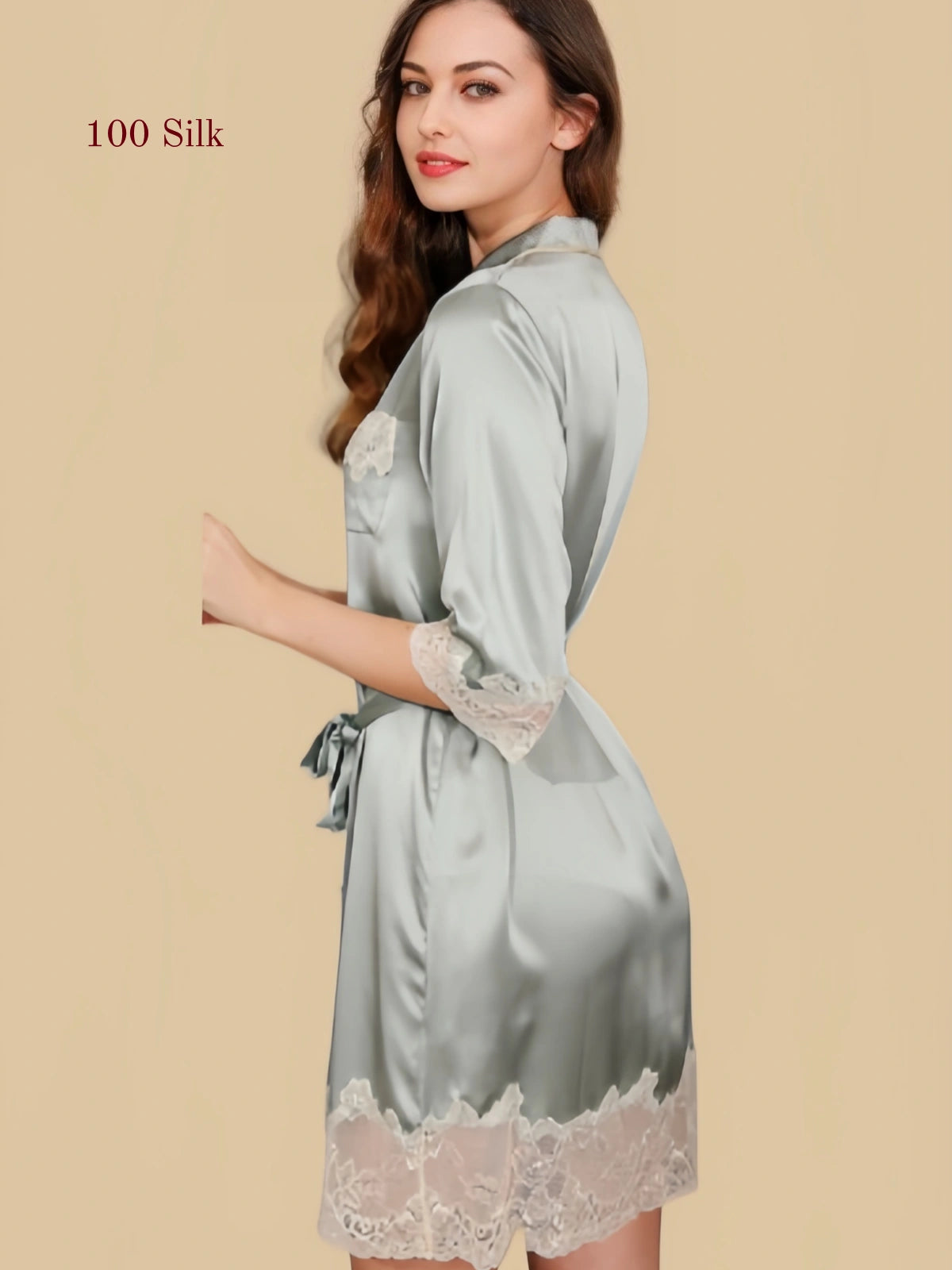 Back and side view of a silver sage silk nightgown with lace hem and tie waist