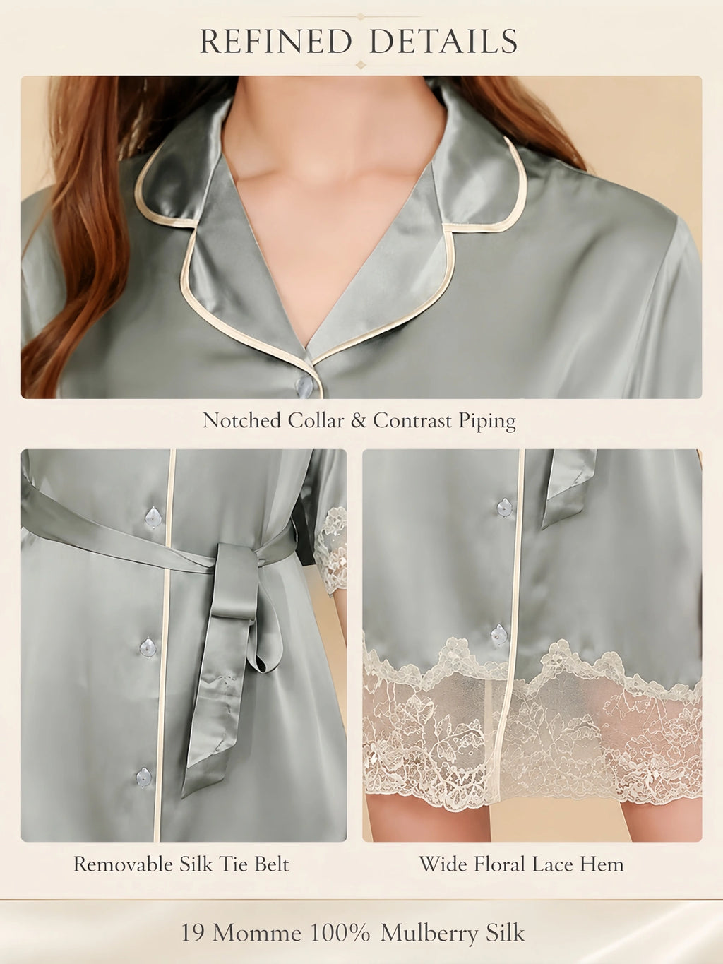 Close-up details of S5670 silver sage 19 Momme mulberry silk nightgown with notched collar, removable tie belt and wide floral lace hem.
