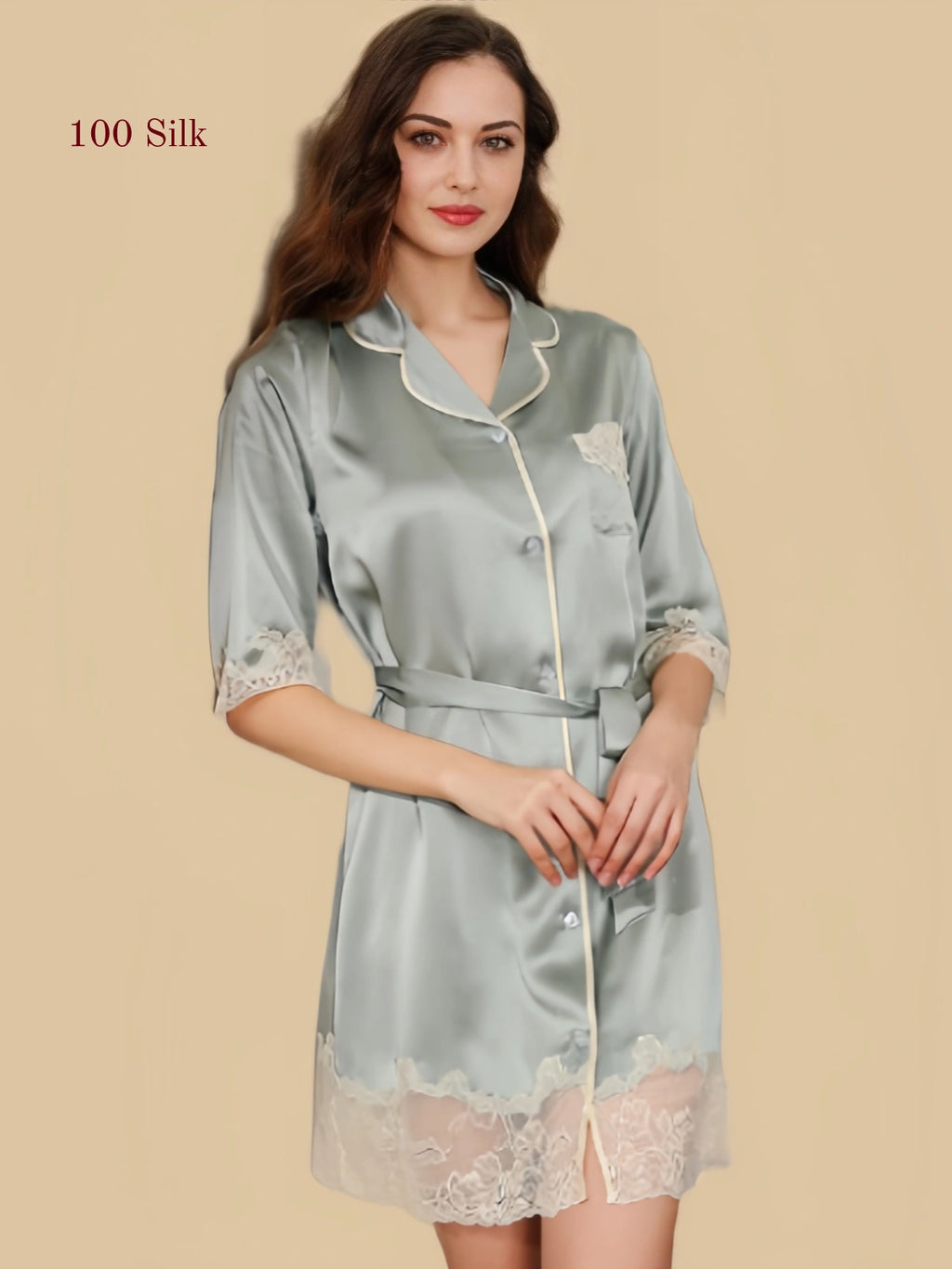 nightgown-s5670-01.webp
Woman wearing a silver sage 19 Momme mulberry silk robe nightgown with lace trim