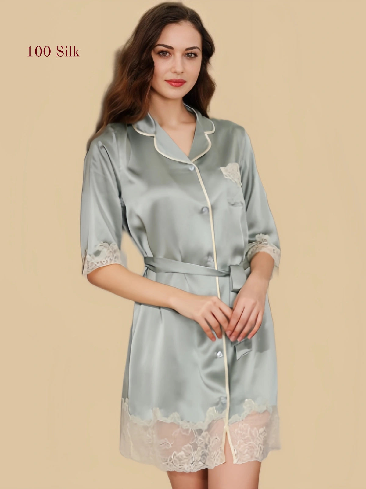 nightgown-s5670-01.webp
Woman wearing a silver sage 19 Momme mulberry silk robe nightgown with lace trim