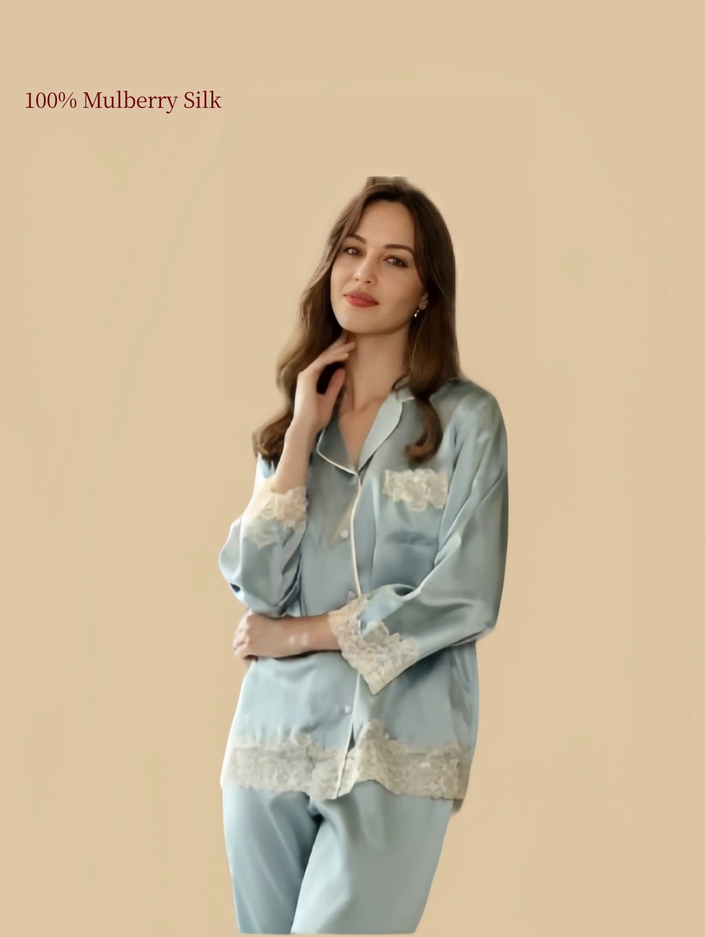 Sky Blue silk pajama top with contrast-piped collar, lace-accented chest pocket and delicate lace detailing at the cuffs and hem.