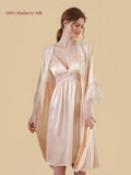Front view of a Wheat Gold 19 Momme mulberry silk chemise and robe set with floral lace panels