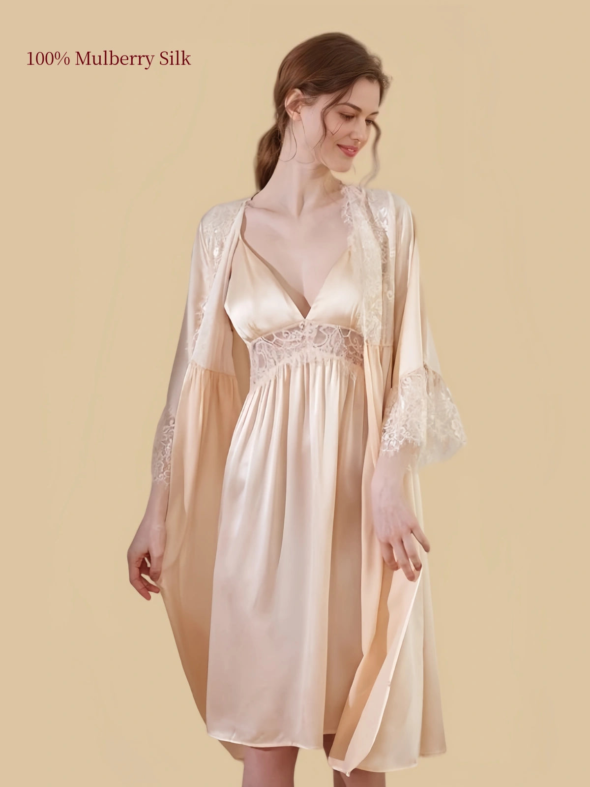 Front view of a Wheat Gold 19 Momme mulberry silk chemise and robe set with floral lace panels