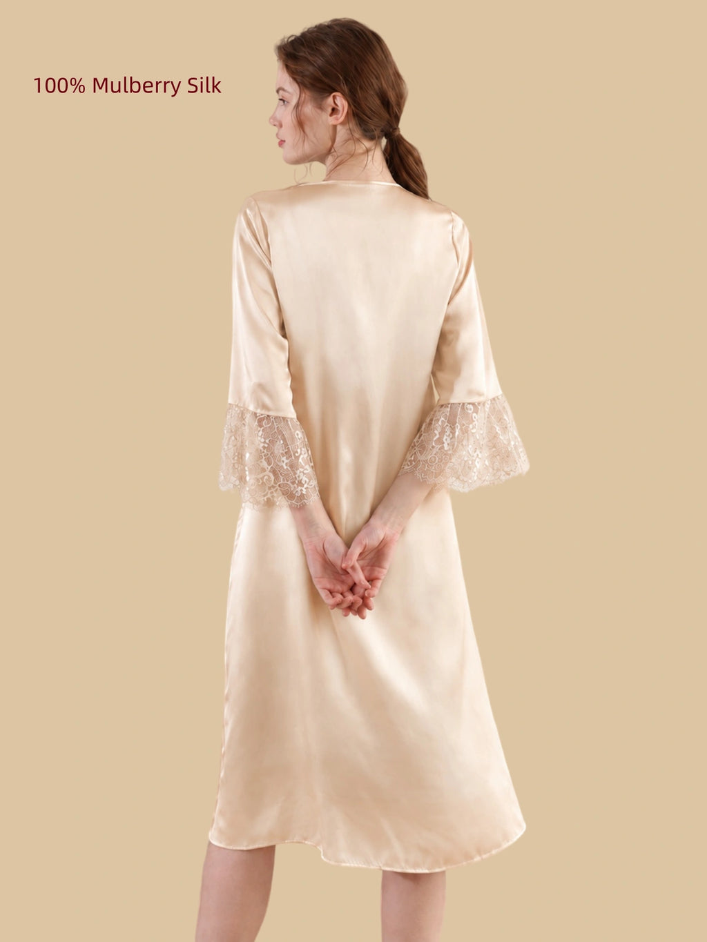 Back view of a Wheat Gold 19 Momme mulberry silk robe with three-quarter lace-trimmed sleeves