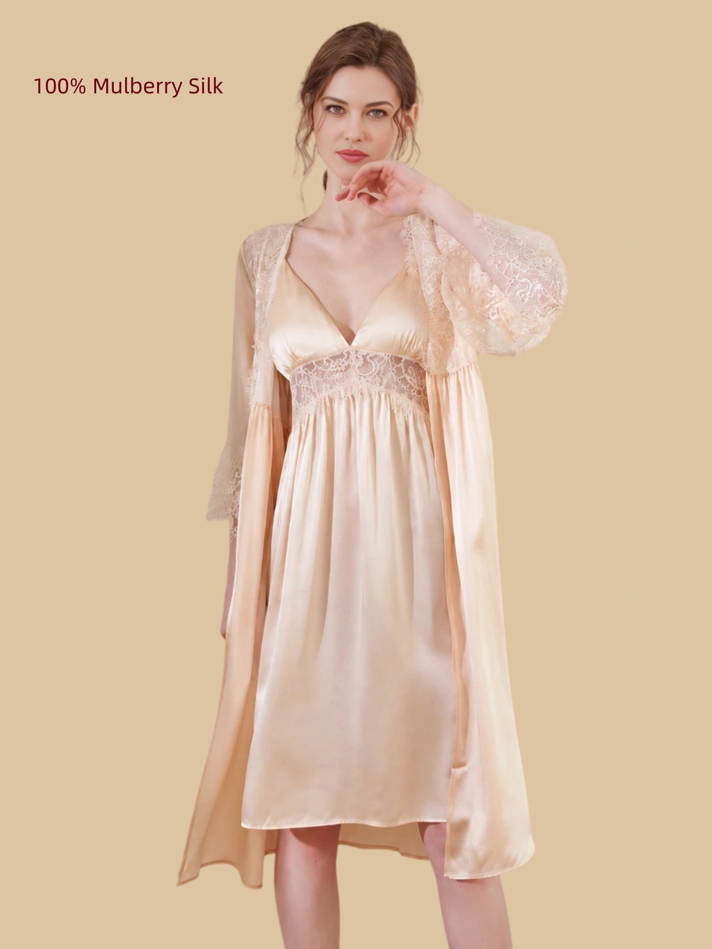 Front view of a Wheat Gold 19 Momme mulberry silk robe with floral lace trim and under-bust tie