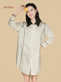 Front view of pear blossom white silk sleep shirt with button front and dark contrast piping