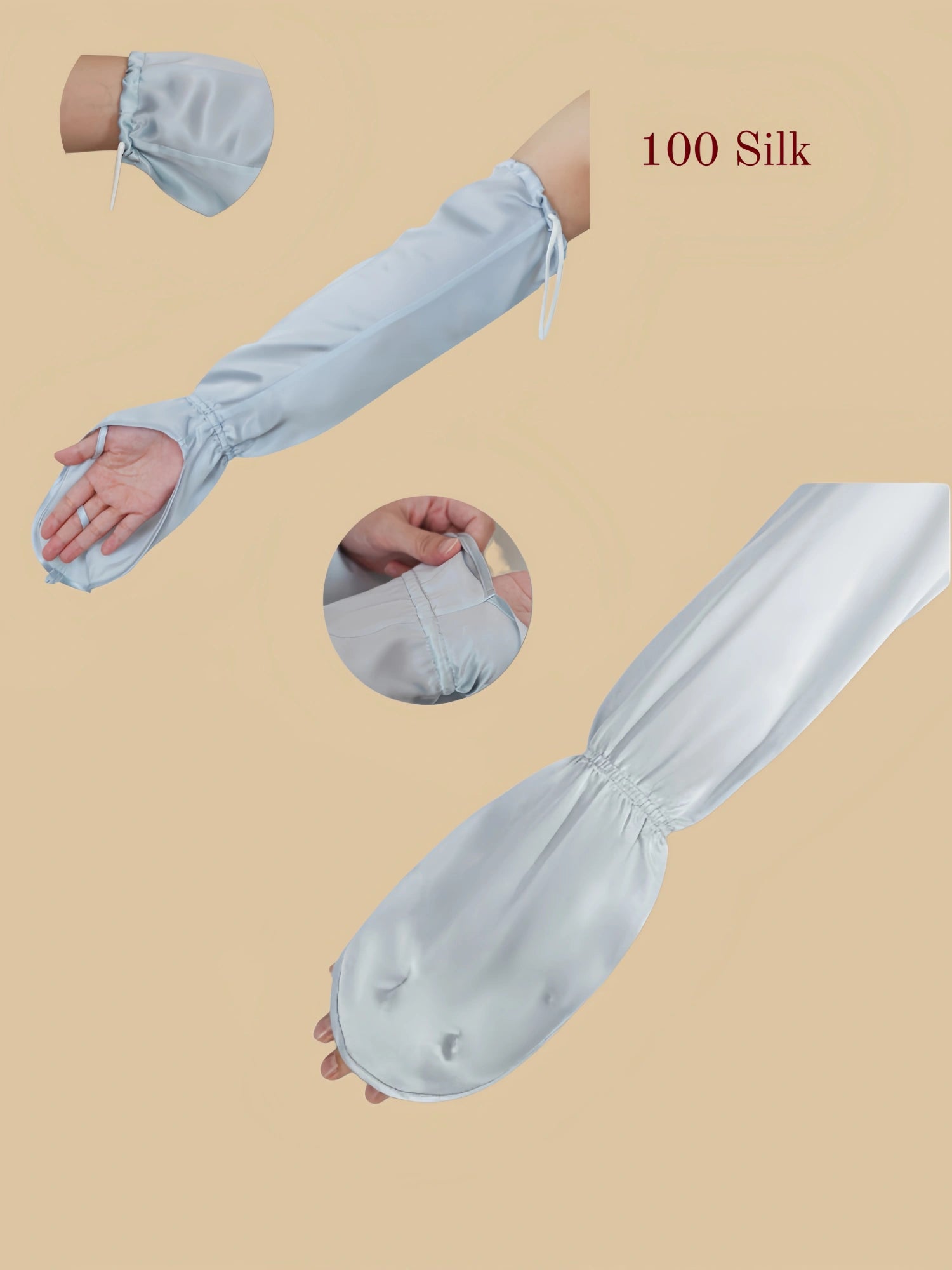 Soft pink 19MM mulberry silk arm sleeves laid flat showing buttoned length adjustment and finger opening details.