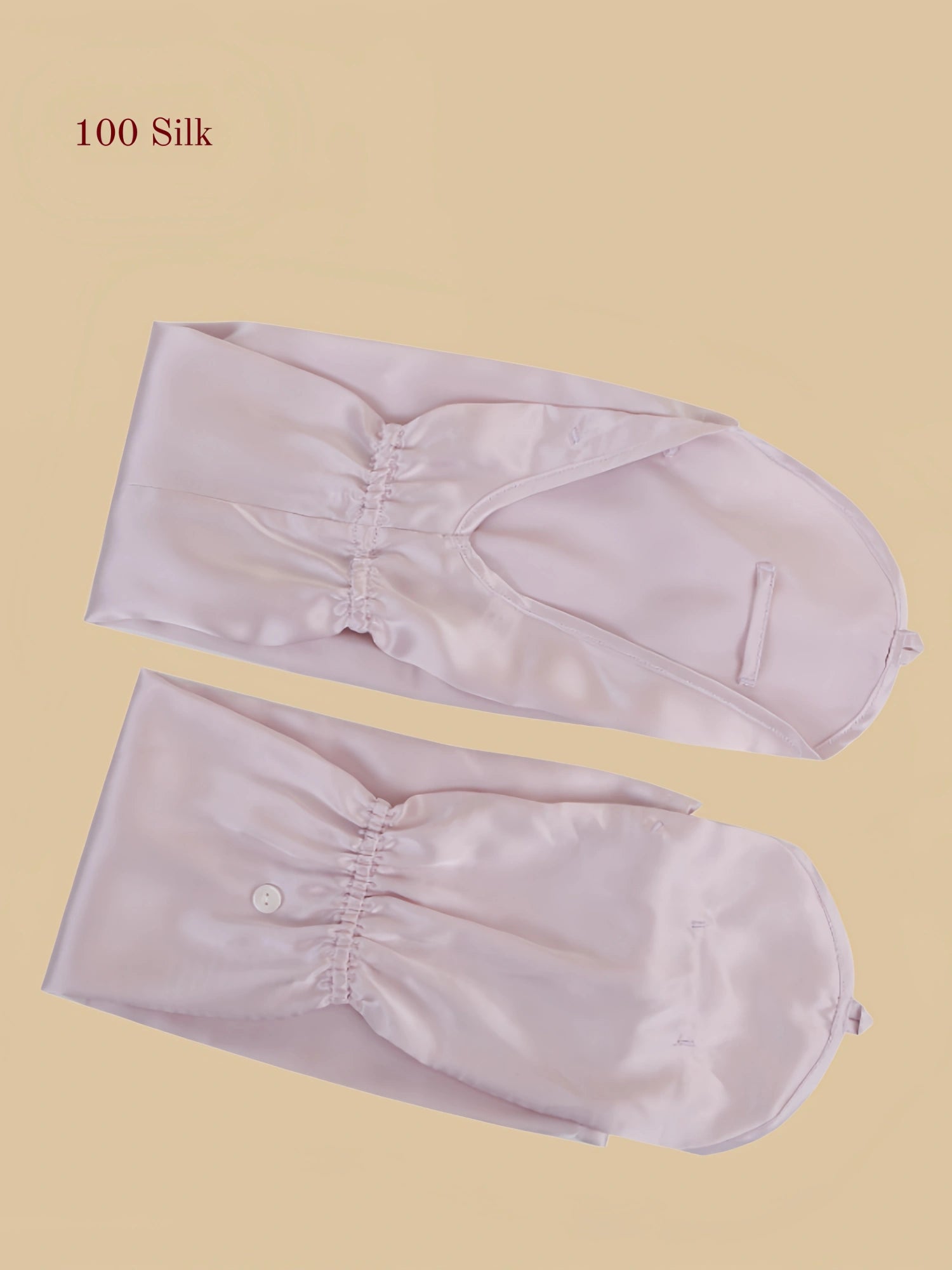 taro purple 19MM mulberry silk arm sleeves laid flat showing buttoned length adjustment and finger opening details.