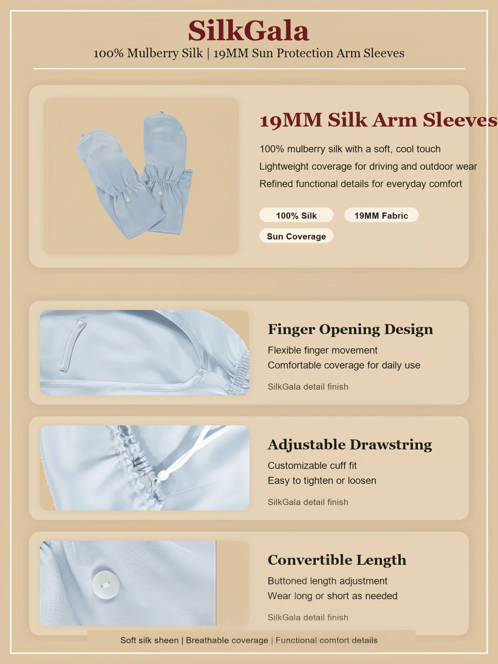 SilkGala 19MM mulberry silk arm sleeves detail image showing finger opening, adjustable drawstring cuff, and buttoned length design.