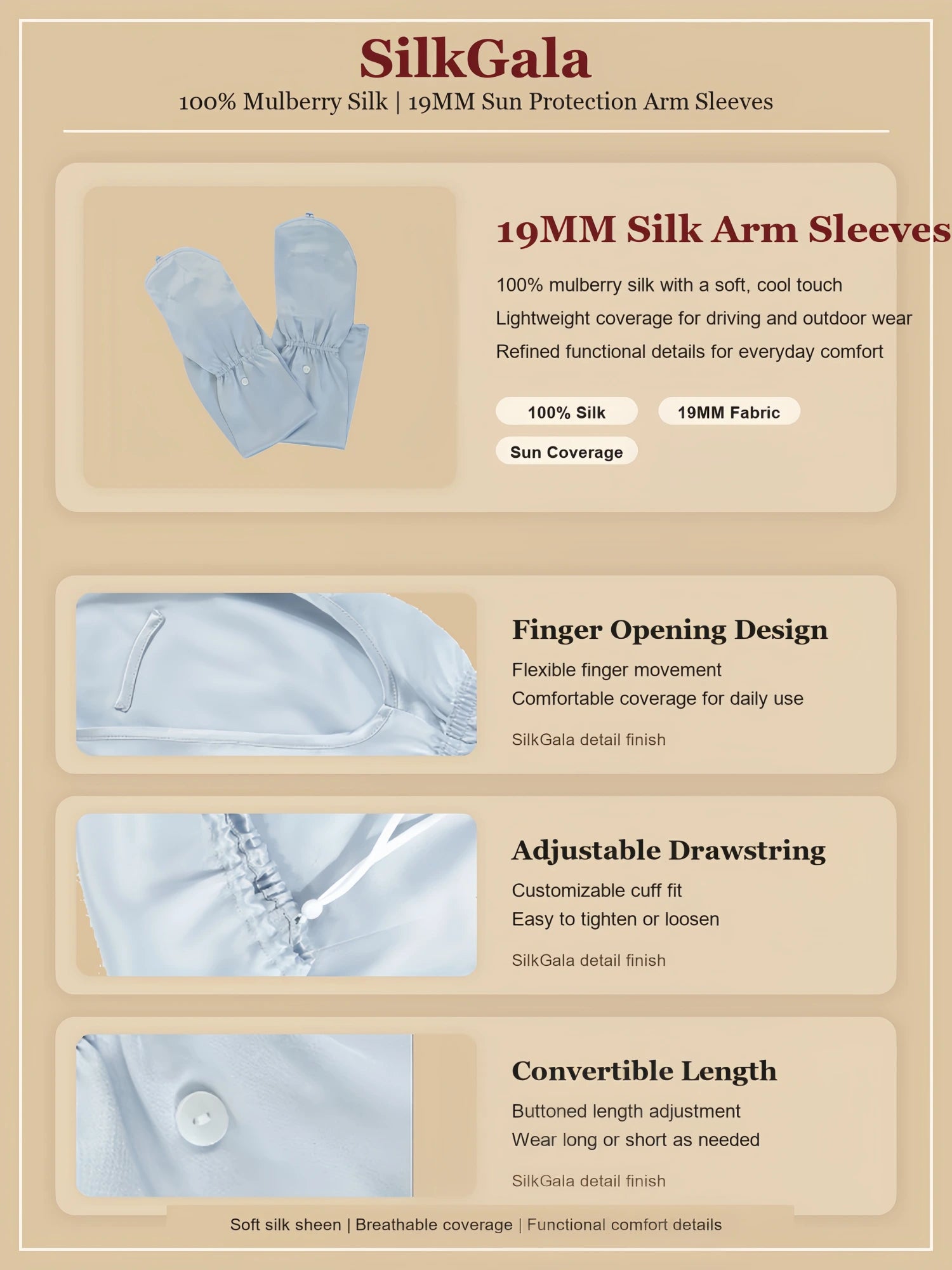 SilkGala 19MM mulberry silk arm sleeves detail image showing finger opening, adjustable drawstring cuff, and buttoned length design.