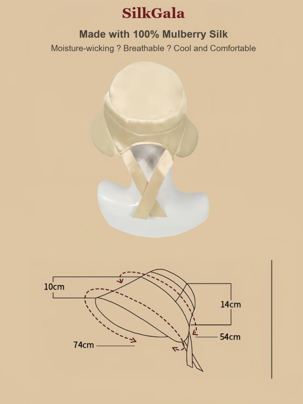 Silkgala 19MM mulberry silk sun hat infographic showing 100% silk material and size reference details
