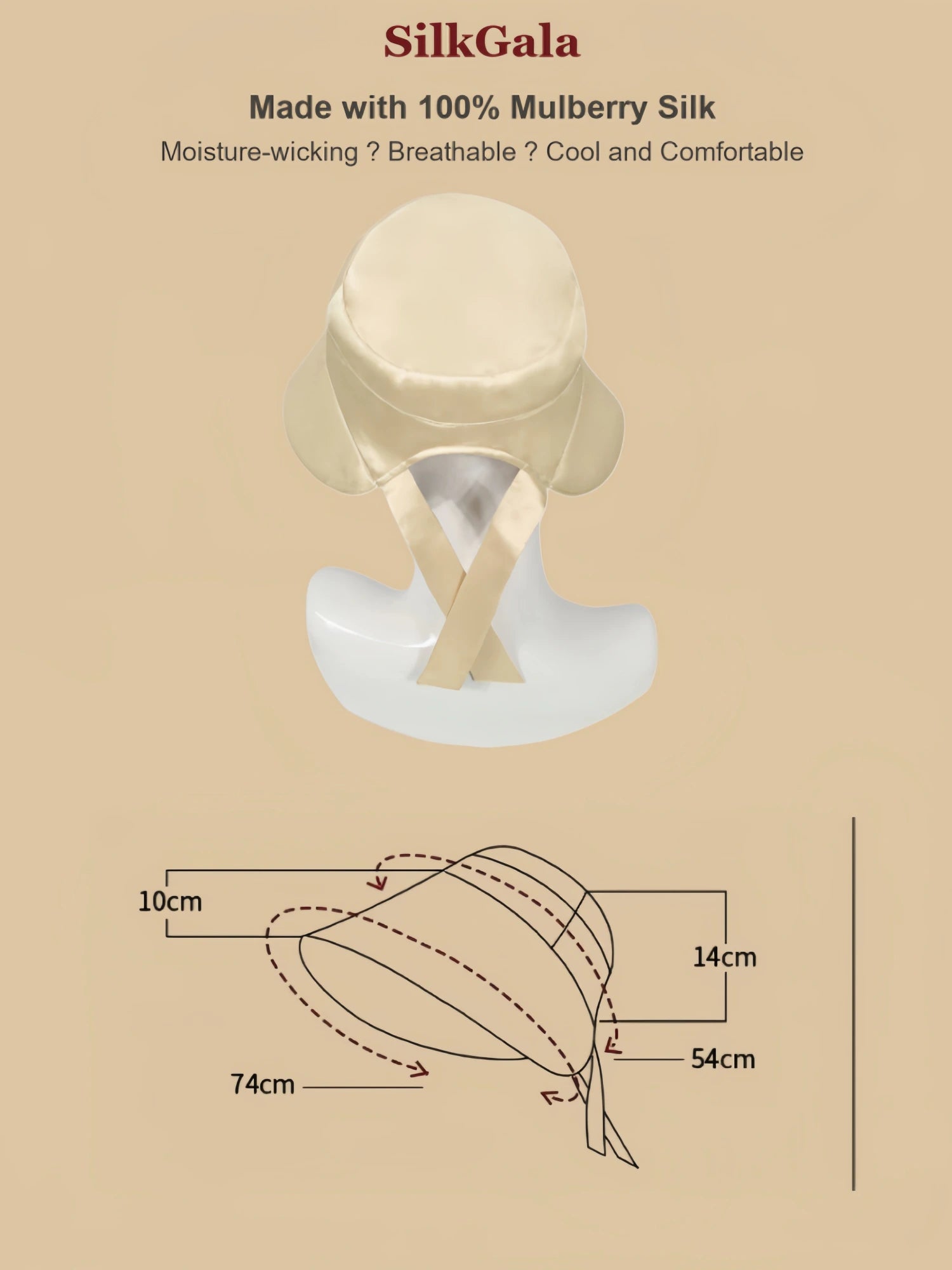 Silkgala 19MM mulberry silk sun hat infographic showing 100% silk material and size reference details