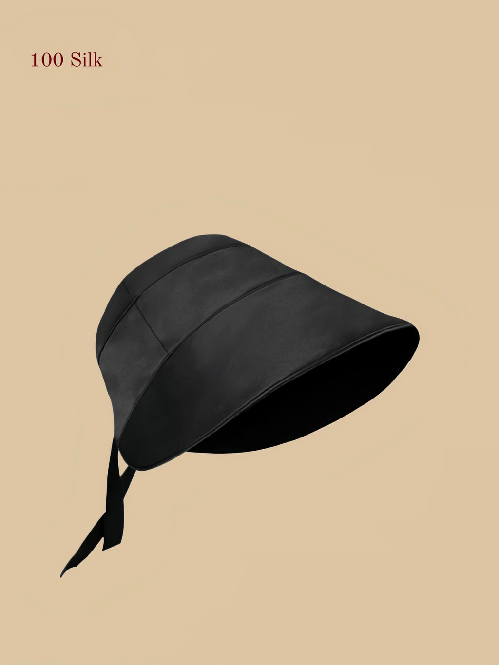 Black 19MM mulberry silk sun hat with wide brim and long back ties for outdoor coverage.